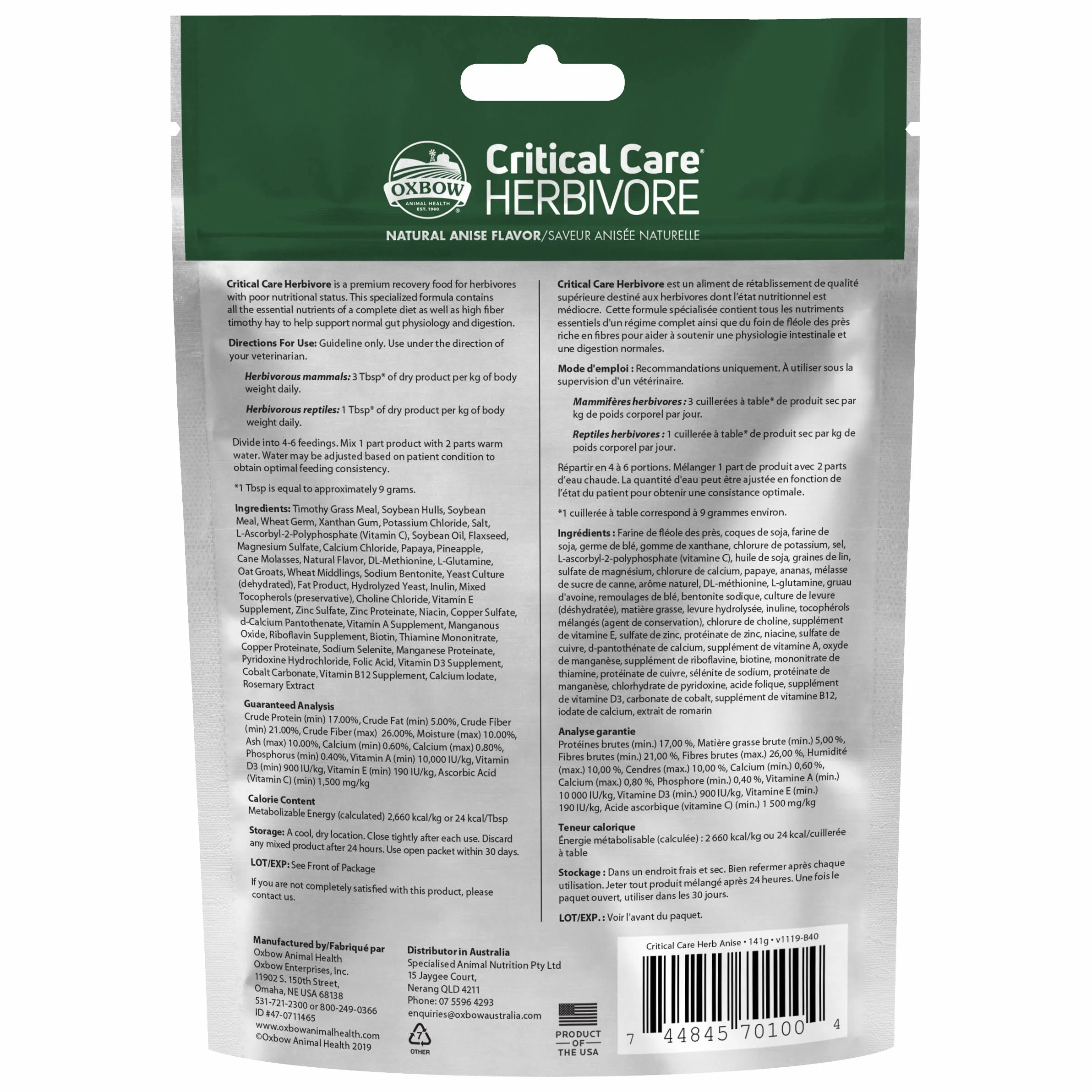 Oxbow Animal Health Critical Care, Herbivore, anis, 141 g