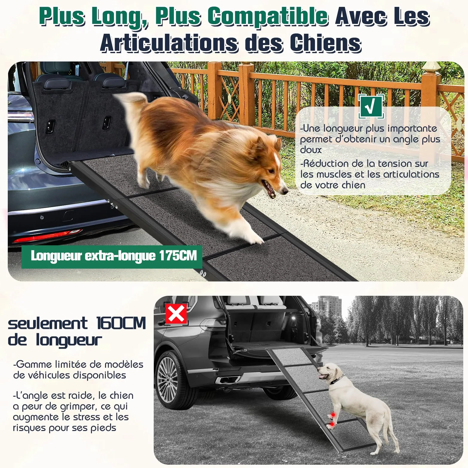 Rampe pour Chien Voiture Pliable Extra Longue 175cm, Rampes D'Accès Voiture pour Chien avec Surface Antidérapante, Échelle De Voiture Pliante Escalier pour Grands Chiens, Supporter Un Poids De 115kg