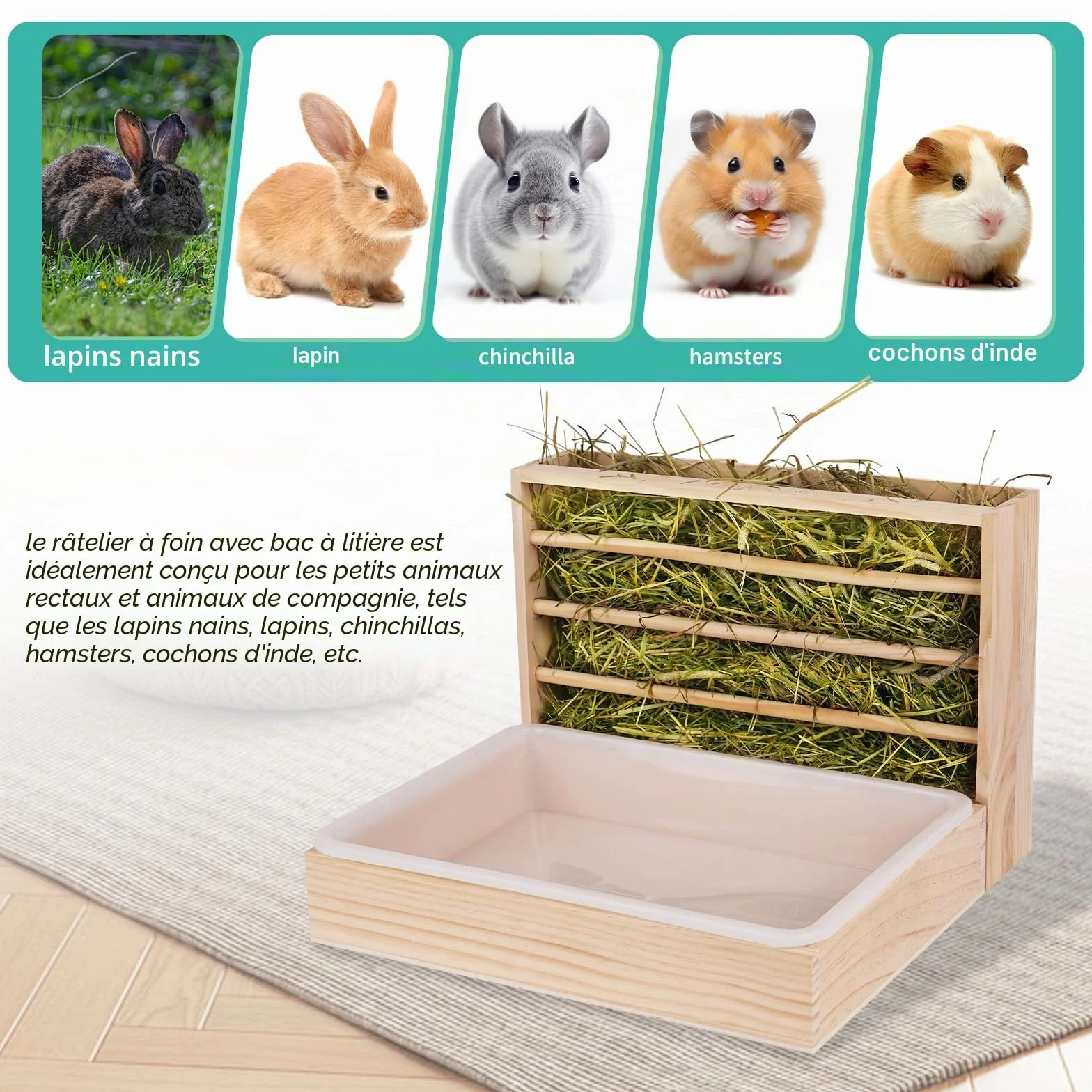 Râtelier à foin 2 en 1 en bois pour hamster avec distributeur automatique et bac à litière