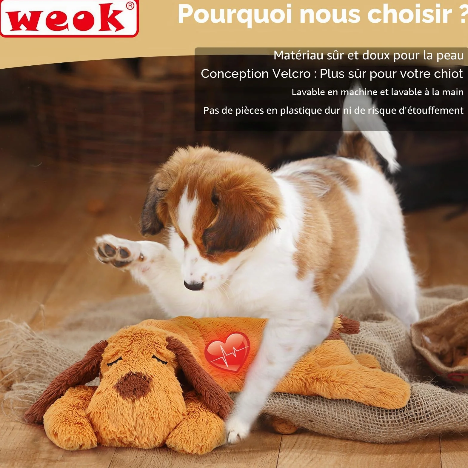Jouet pour Chiot Oreiller Confortable Anti-Anxiété en Peluche avec Battements de Cœur pour Chiens et Chats