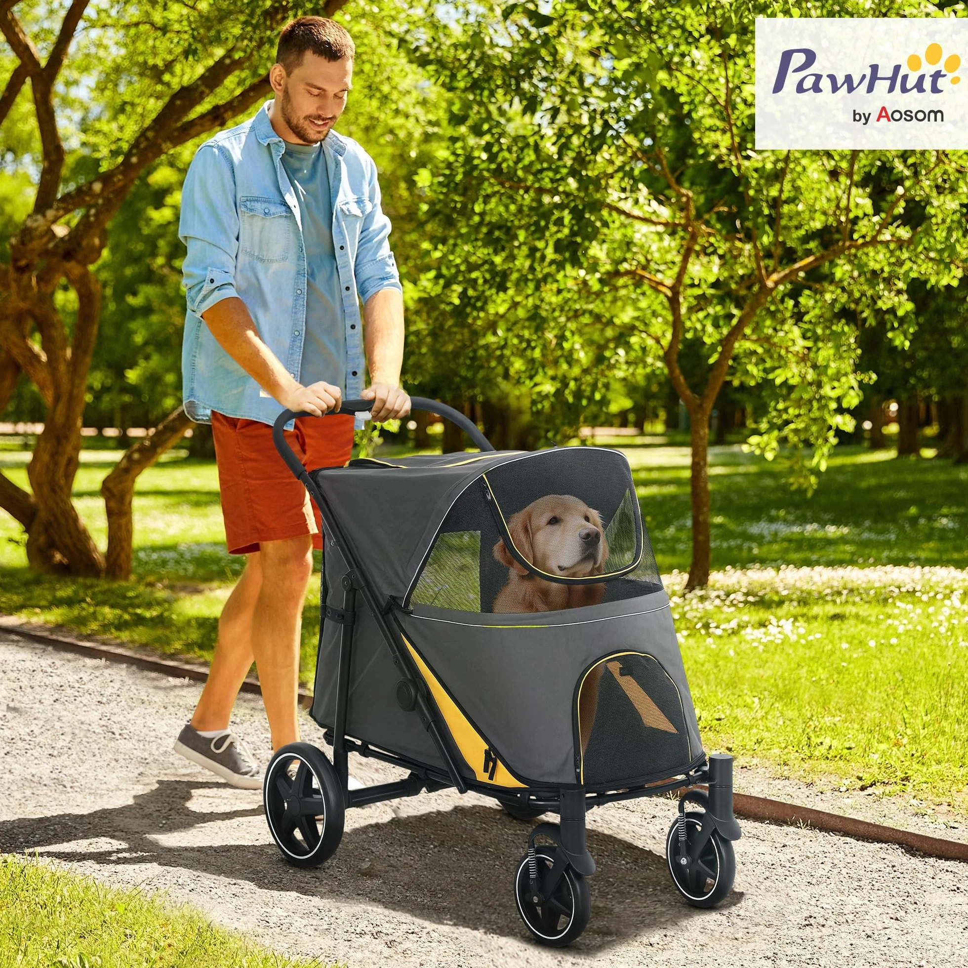 PawHut Poussette pour chien 4 roues EVA pliage un clic laisse sécurité charge 30 kg gris foncé