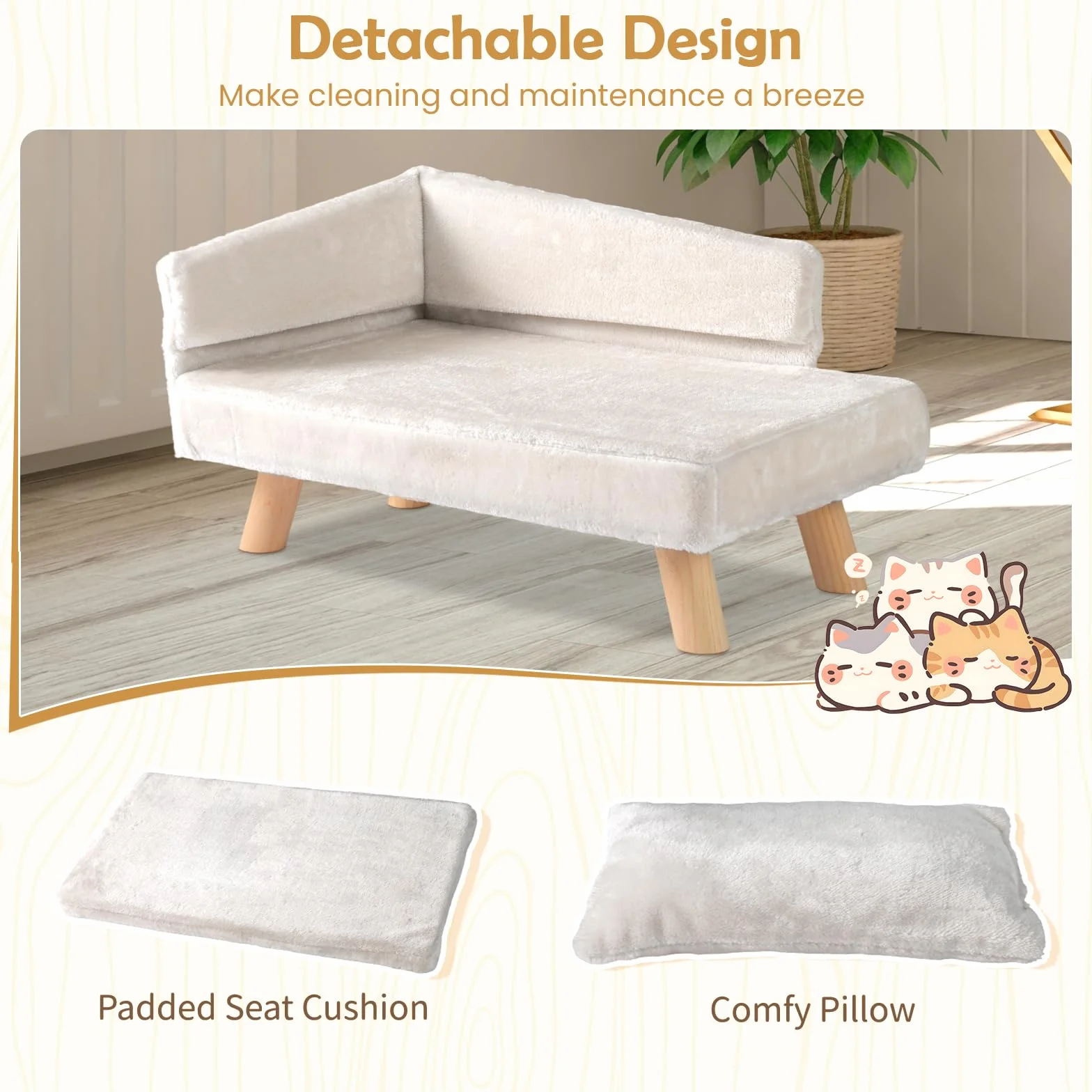 SOARS Canapé pour Chien Chat, Lit Surélevé avec Dossier Haut, Coussin et Pieds en Bois Massif, 71 x 43 x 40 cm, Beige