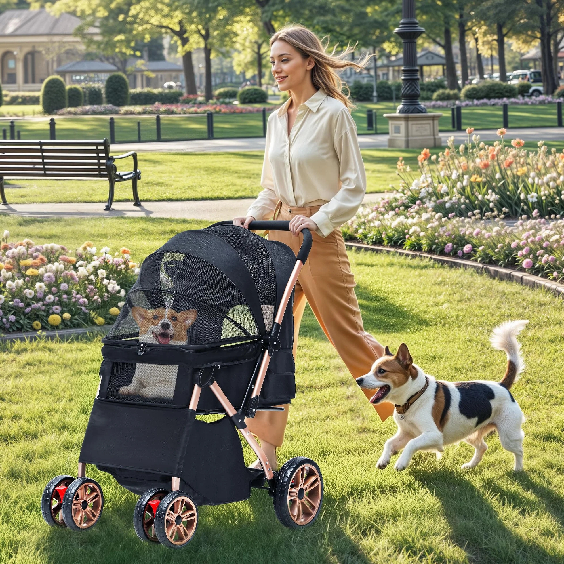 DWVO Poussette 3 en 1 pour Chien et Chat Pliable 22 kg Roues EVA Résistantes à l'Usure 360° Panier de Rangement Fenêtre en Filet 58,5 x 76 x 105 cm