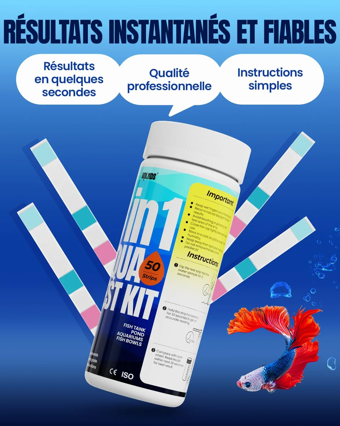 Bandelettes de test d'aquarium 8 en 1 – 50 tests rapides pour eau douce et salée, nitrite, ammoniac