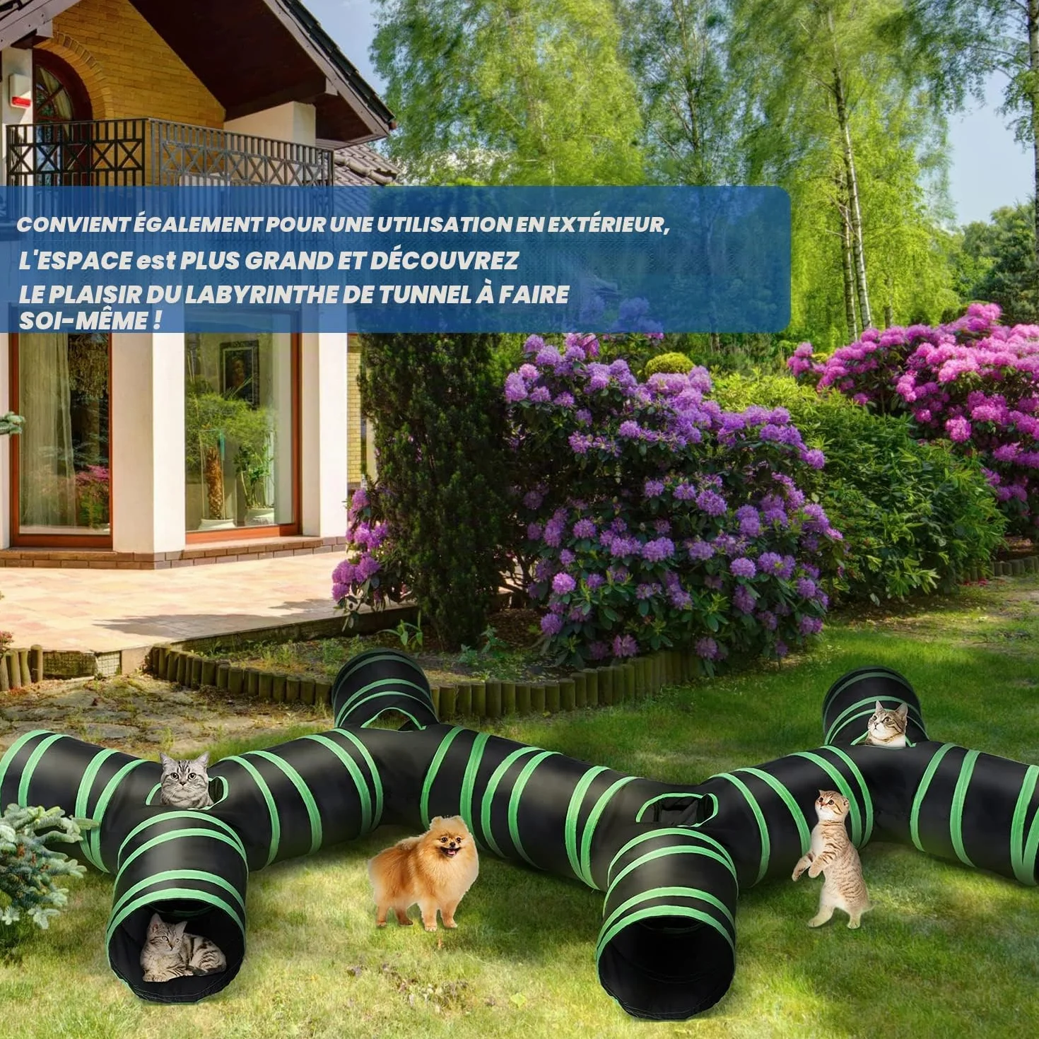 Tunnel de chat de type osseux amélioré, Tube de tunnel de jeu pliable à 4 voies pour chat avec sac de rangement pour chats, chiots, lapins, furets, cochons d'Inde, utilisation intérieure et extérieure