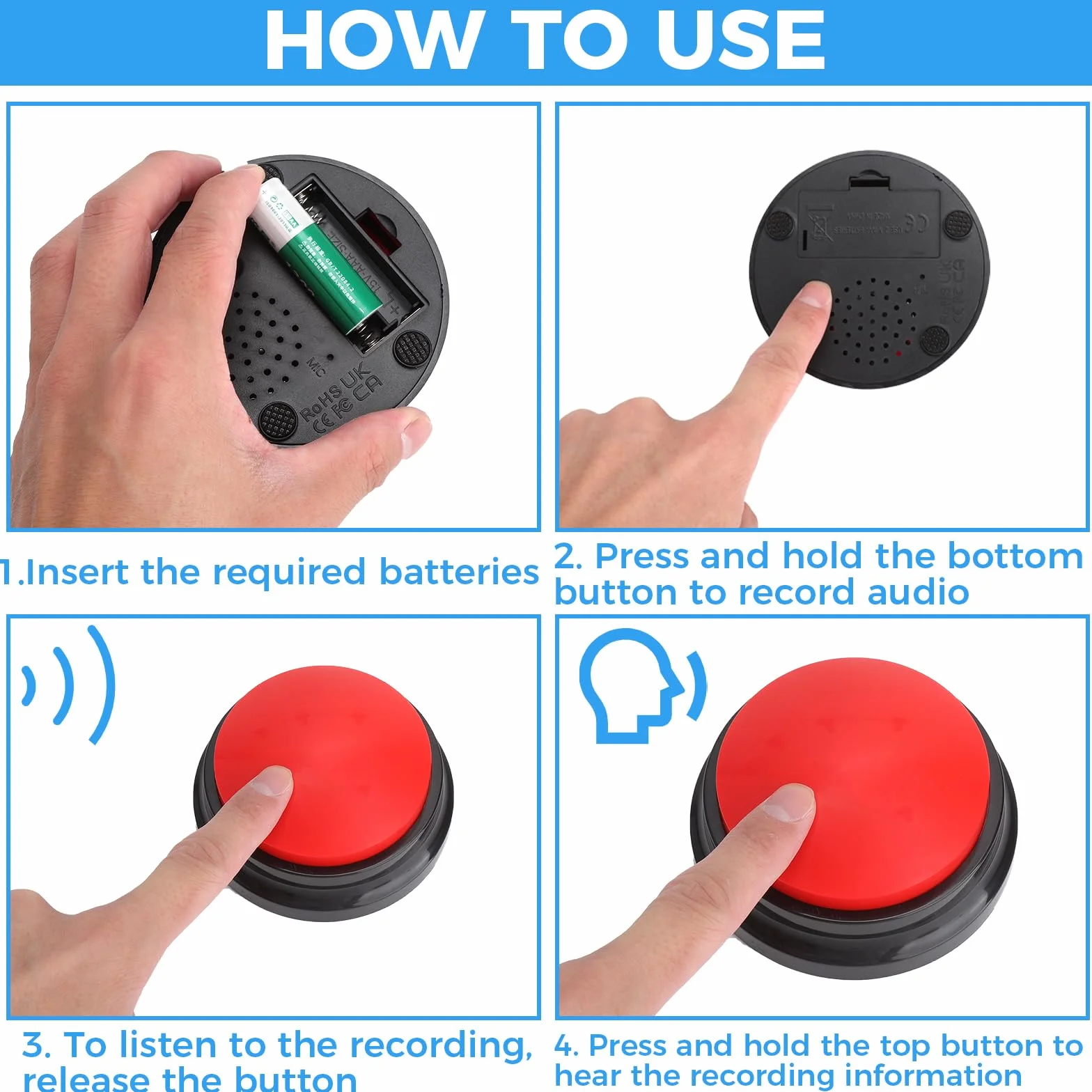 HENGBIRD Lot de 2 Buzzer pour Jeux de Questions, Buzzer Button, Buzzer enregistrable avec Fonction d'enregistrement de 30 Secondes, Bouton Parlant pour Chiens et Chats (Rouge et Bleu)