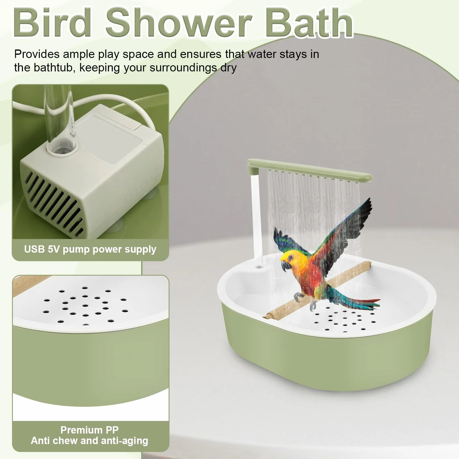 Bain d'oiseaux USB pour perruches, inséparables et aras (vert)