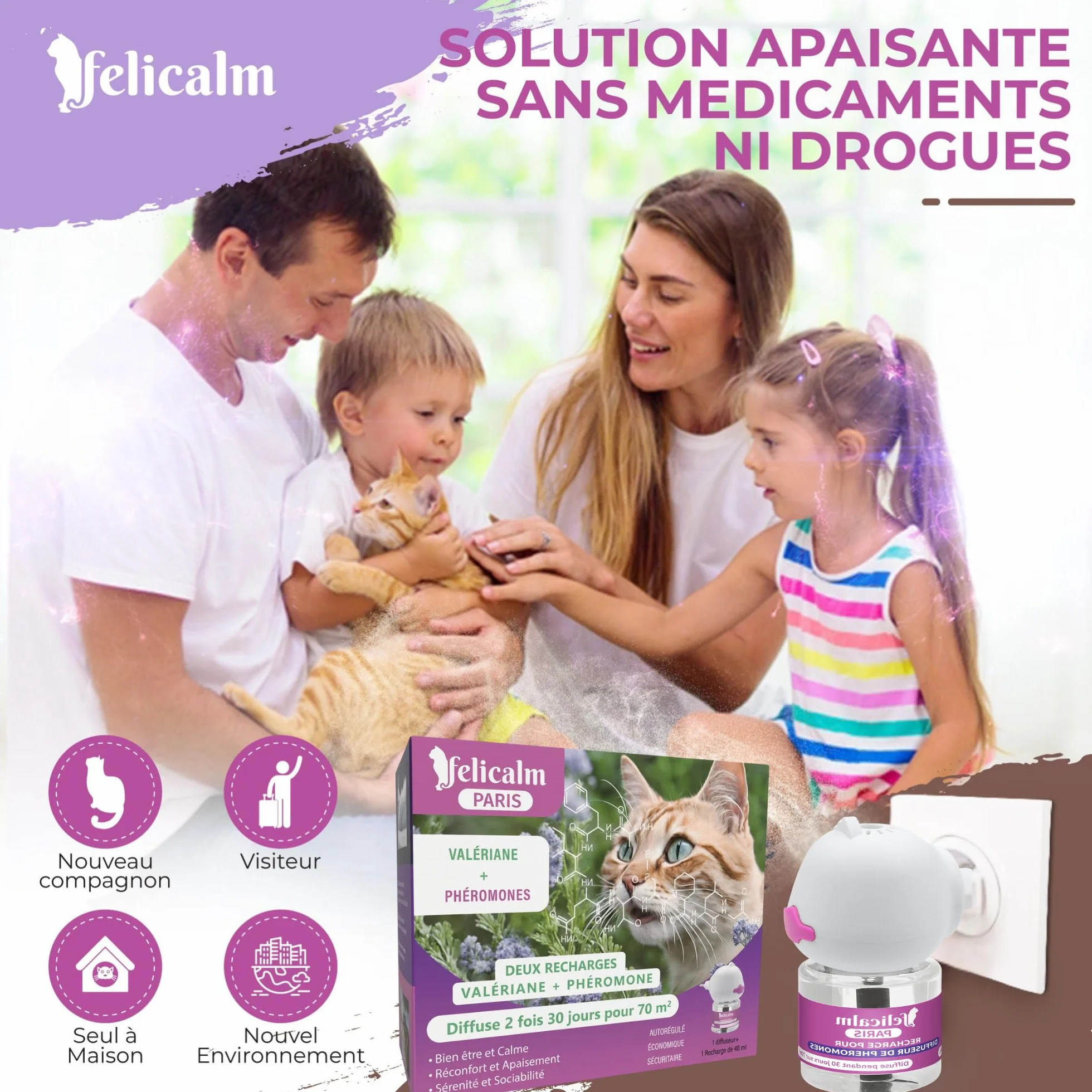 Diffuseur Chat Valériane Phéromones sans Odeur Double Action Apaisante 2 Recharges 60 J