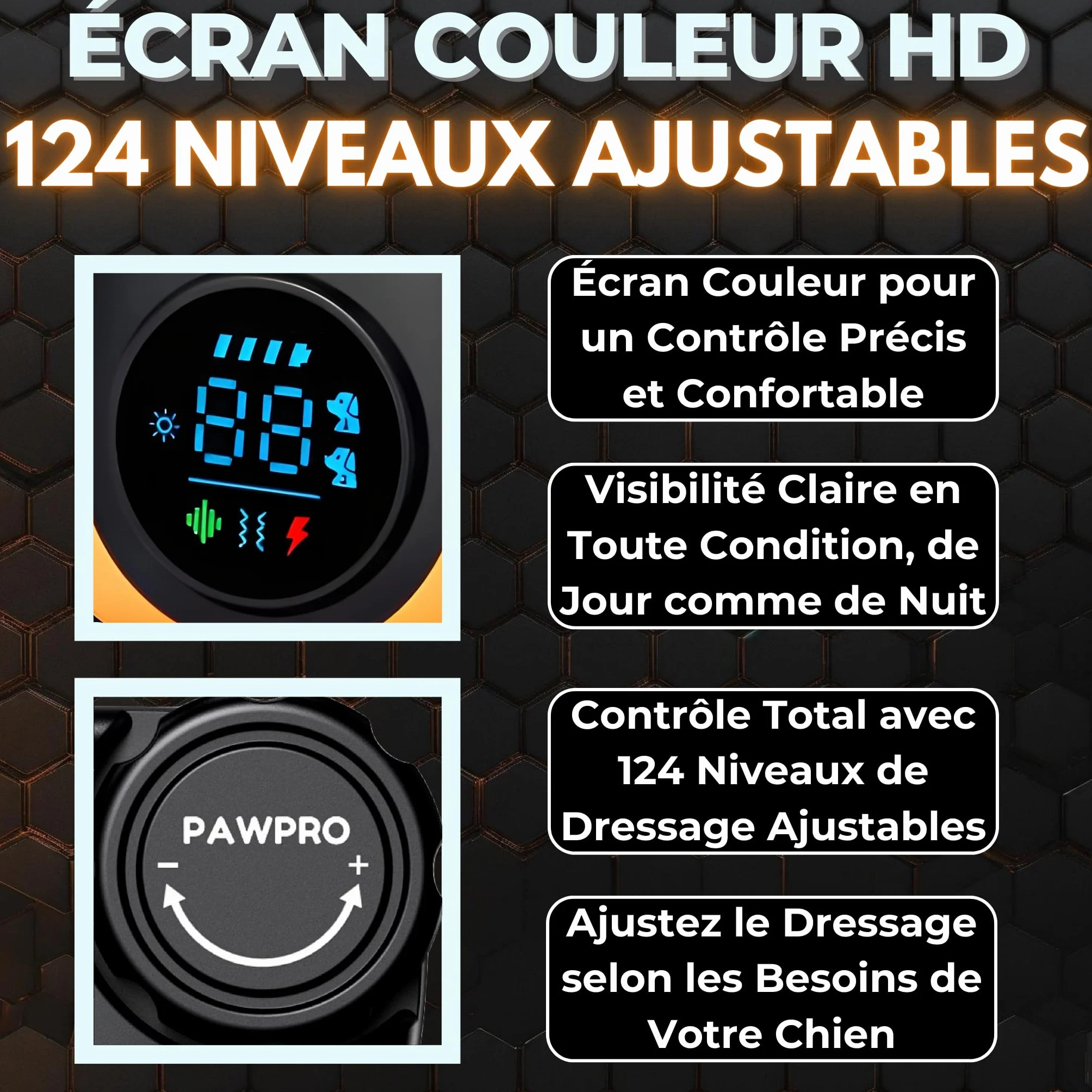 Collier de Dressage PAWPRO, Portée 3km, Mode Lumière Nocturne, 124 Niveaux, BIP Vibration Choc, Étanche Rechargeable