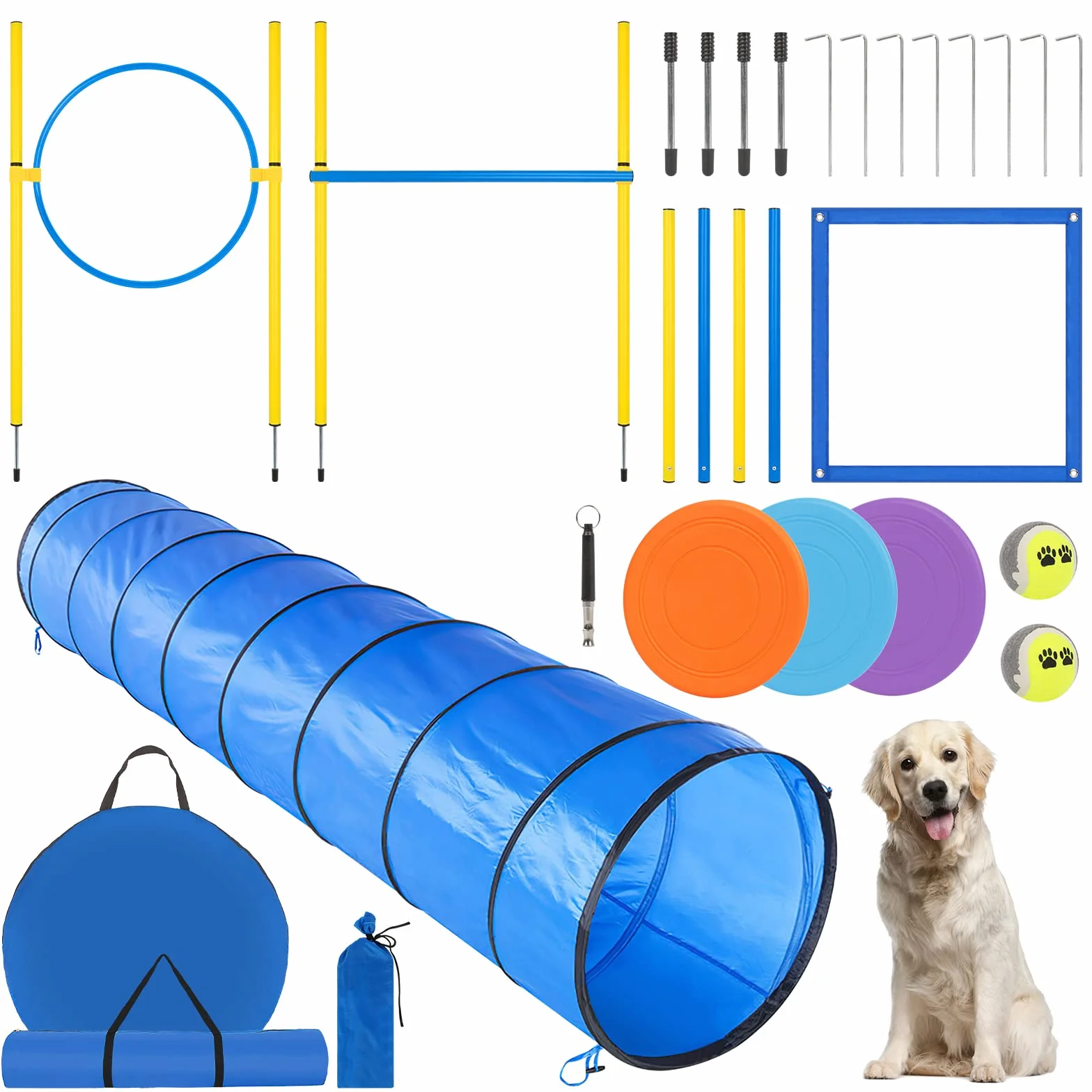 Kit Agility pour Chien Équipement Parcours Obstacle Anneau Tunnel Haies Slalom