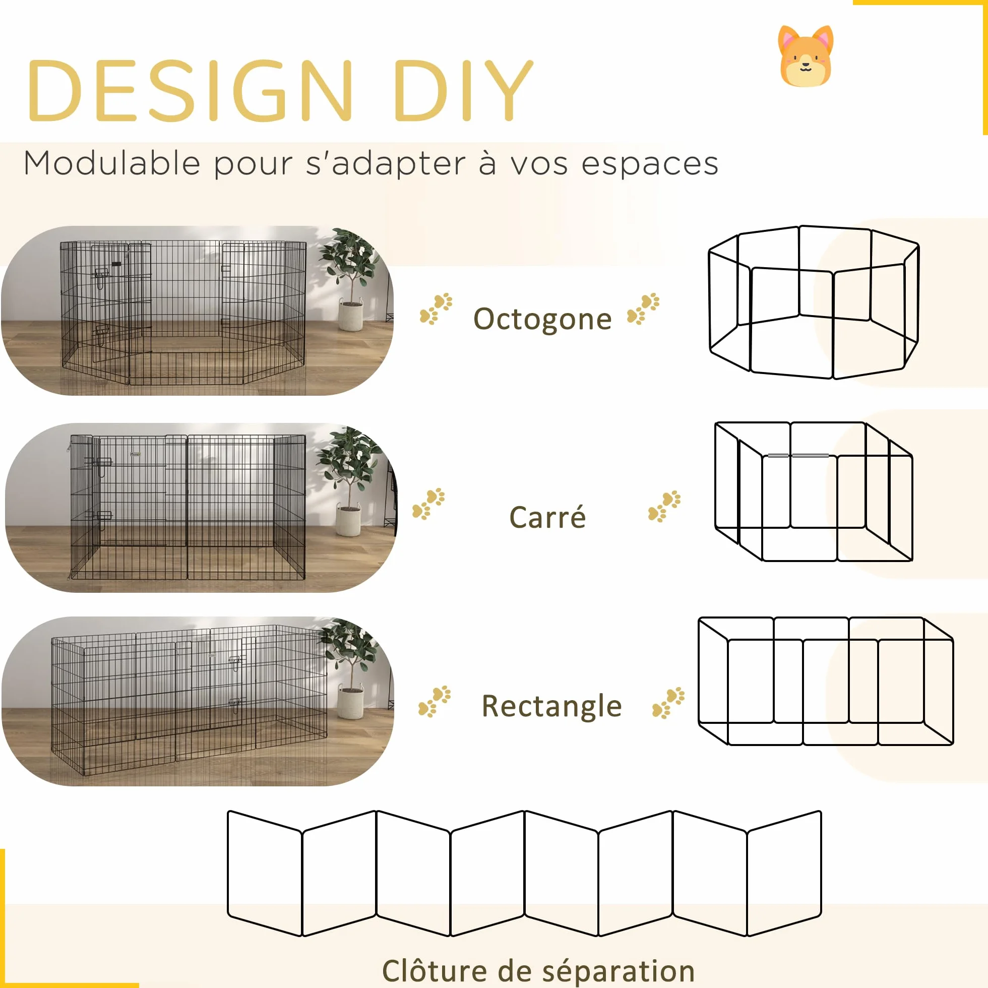 PawHut Parc enclos modulable pour Chiens Lapins rongeurs clôture Petits Animaux intérieur extérieur Pliant 1 Porte verrouillable 8 Panneaux Fil métal 61 x 76 cm Noir