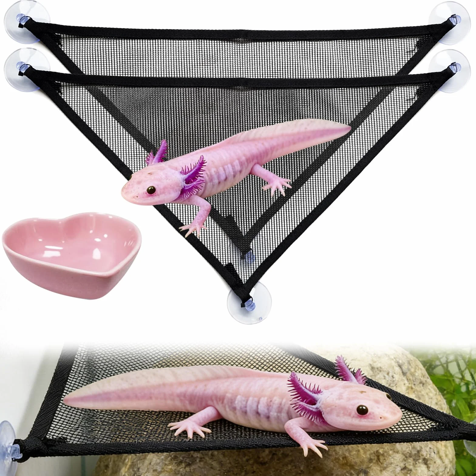 Axolotl Hamac pour aquarium avec gamelle, accessoires de réservoir Axolotl – Hamac en maille respirante pour reptiles avec plateau d'alimentation pour dragons barbu, geckos, lézards, serpents
