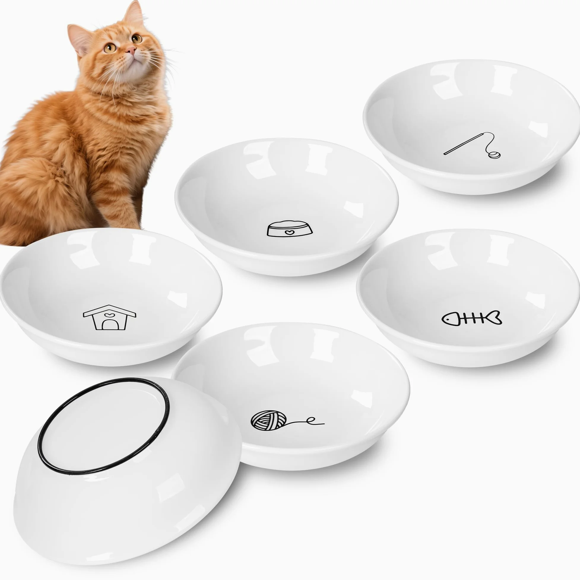 Lot de 6 gamelles pour chat en céramique anti-moustaches et fatigue - Assiettes peu profondes pour nourriture humide et sèche et eau - Base en silicone antidérapante (éléments classiques