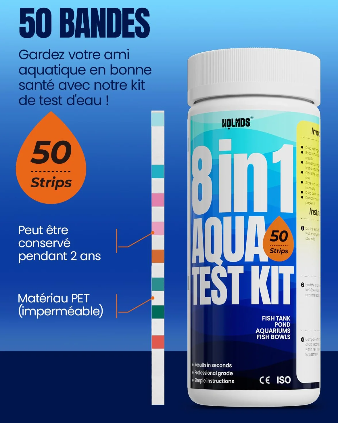 Bandelettes de test d'aquarium 8 en 1 – 50 tests rapides pour eau douce et salée, nitrite, ammoniac