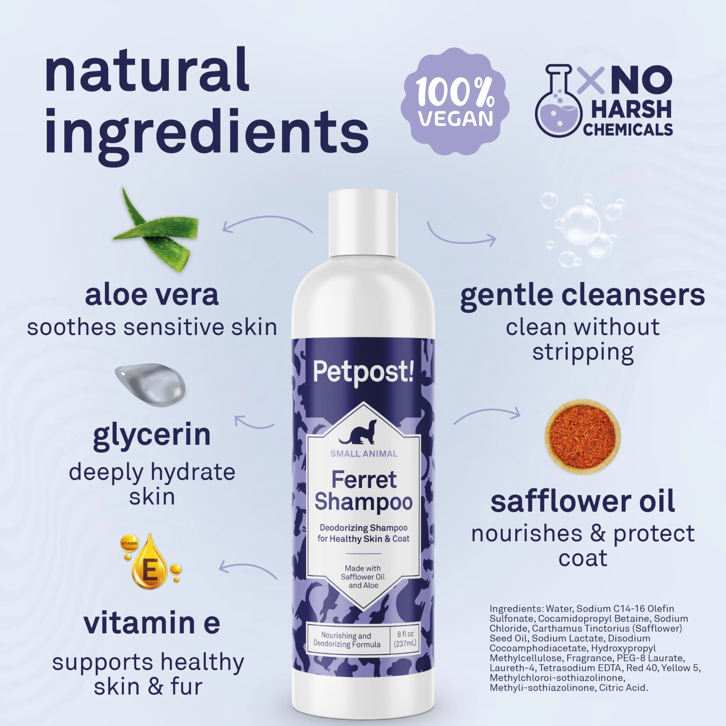 Shampoing pour furets désodorisant naturellement Peau et Pelage sains