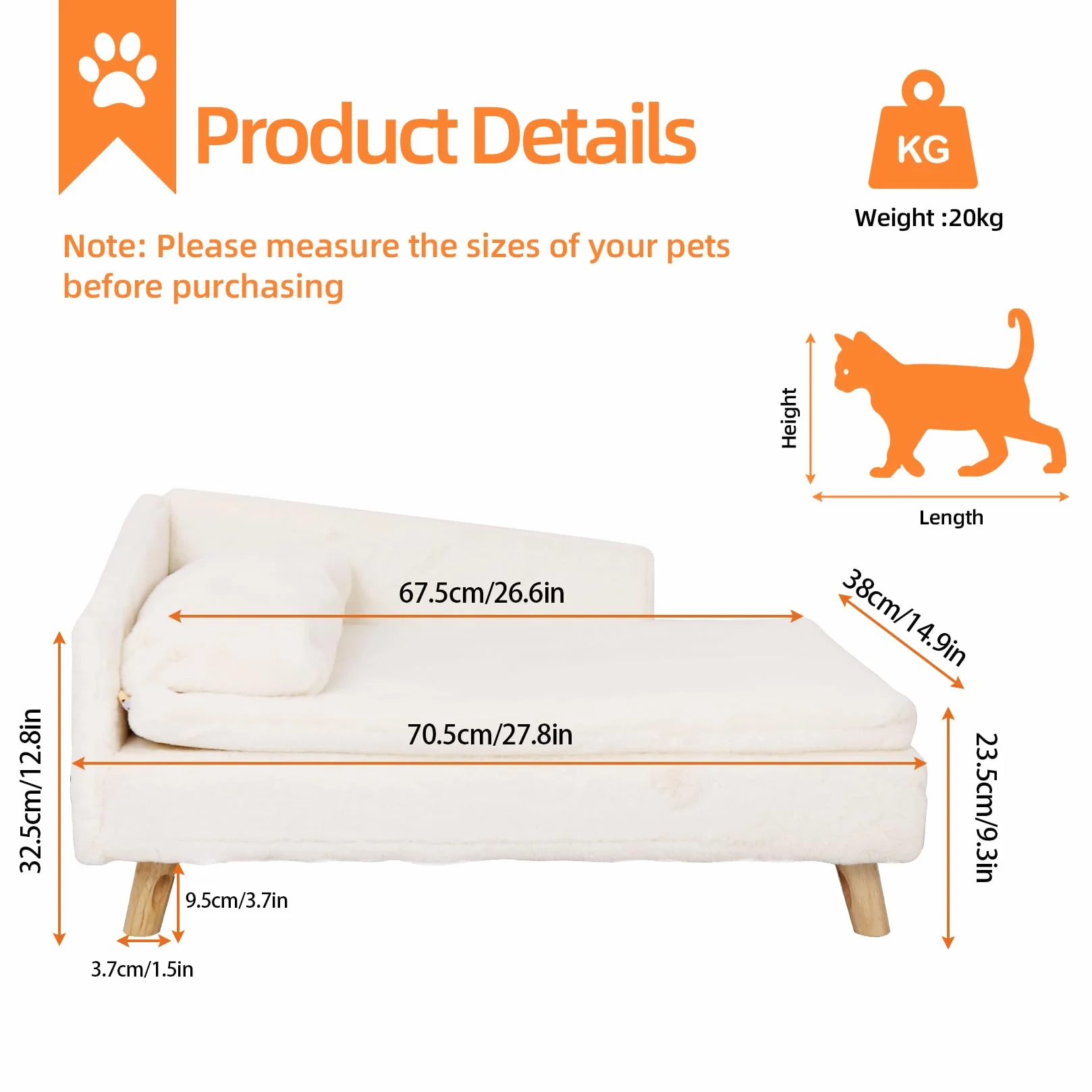BingoPaw Canapé pour Chien Petite Taille, Lit Surélevé avec Coussin Lavable, 70.5x38x23.5cm