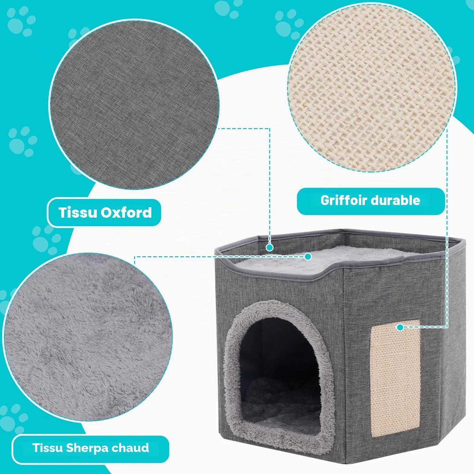Maison pliable d'intérieur pour grands chats, grande niche pour chat avec griffoir, 2 couches, niche pour animaux de compagnie de petite et moyenne taille, grise
