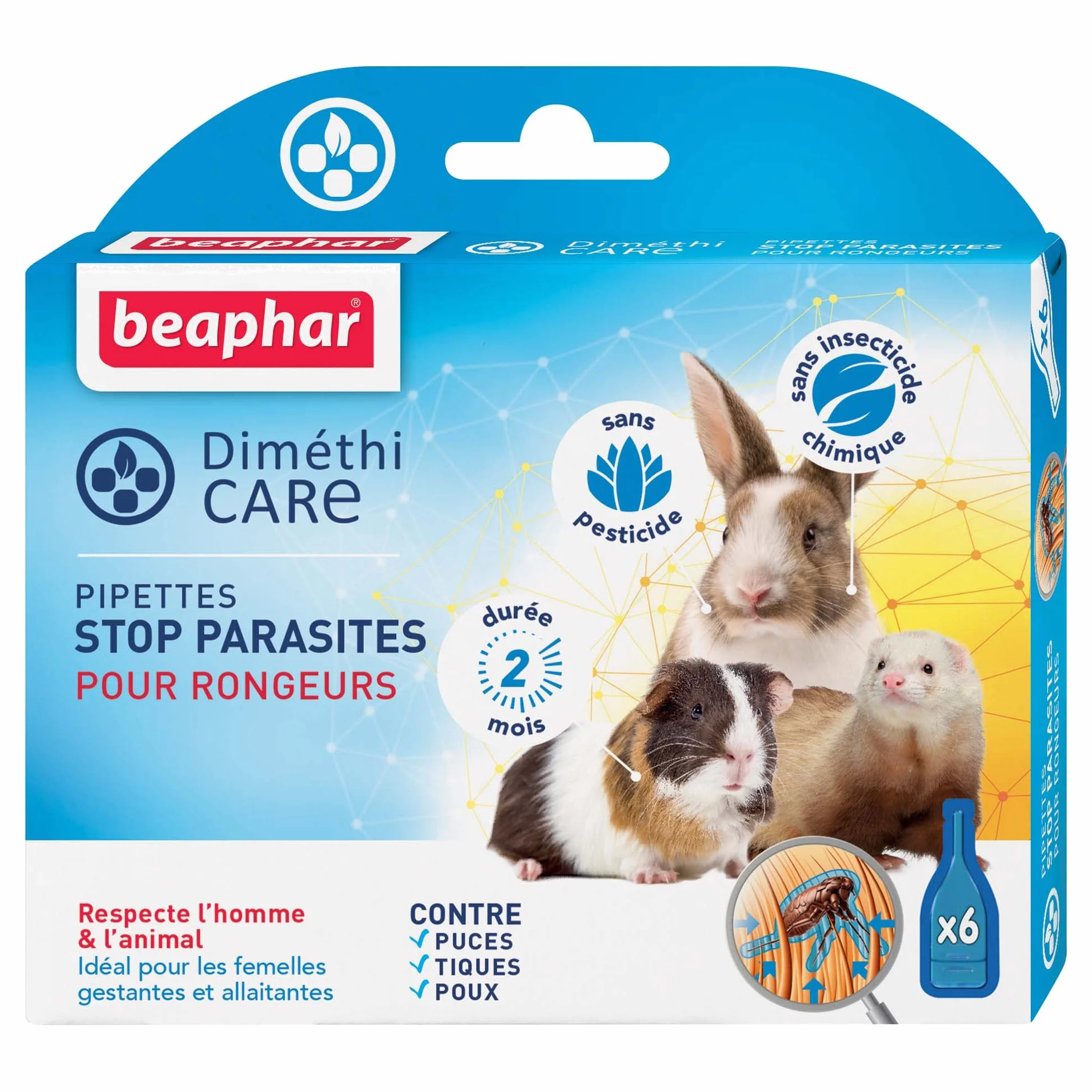 BEAPHAR DIMÉTHICARE Pipettes Stop parasites pour rongeurs – Contre puces, tiques et poux – 6 pipettes Durée 2 Mois