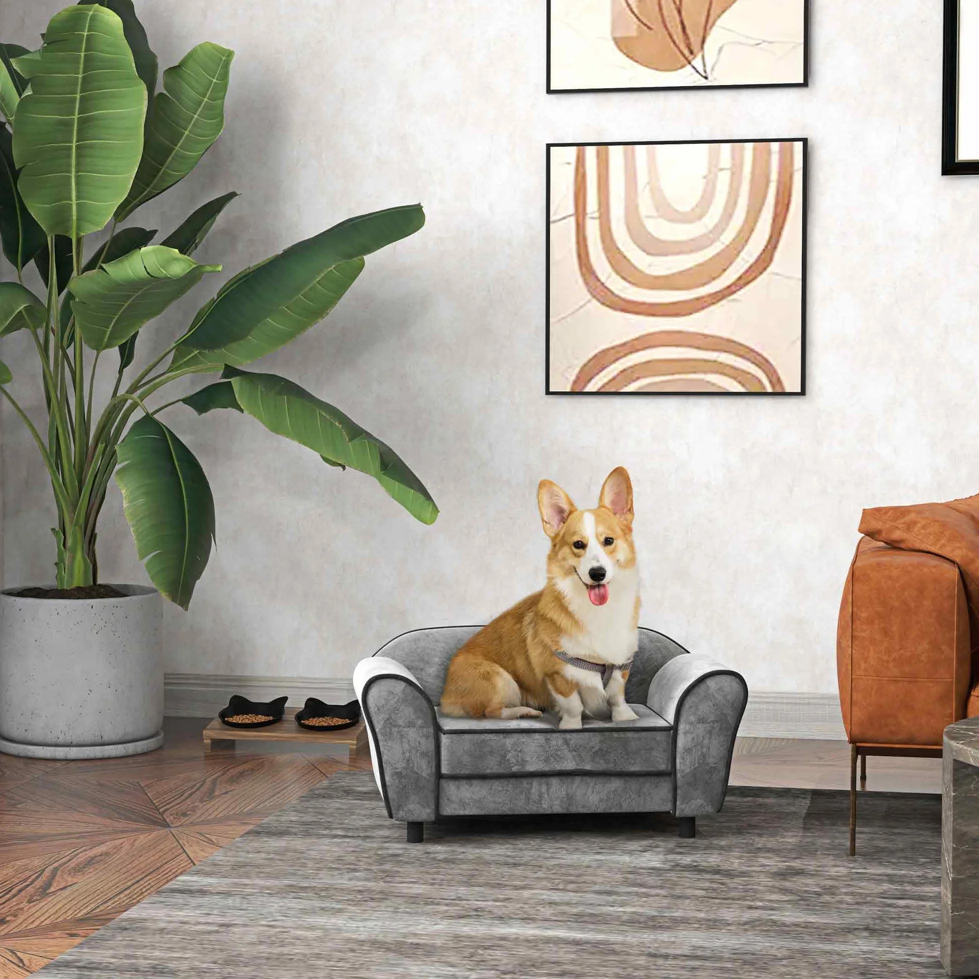 PawHut Canapé pour Chien Chat Dossier capitonné Velours Housse Lavable 74 x 41 x 32,5 cm Gris