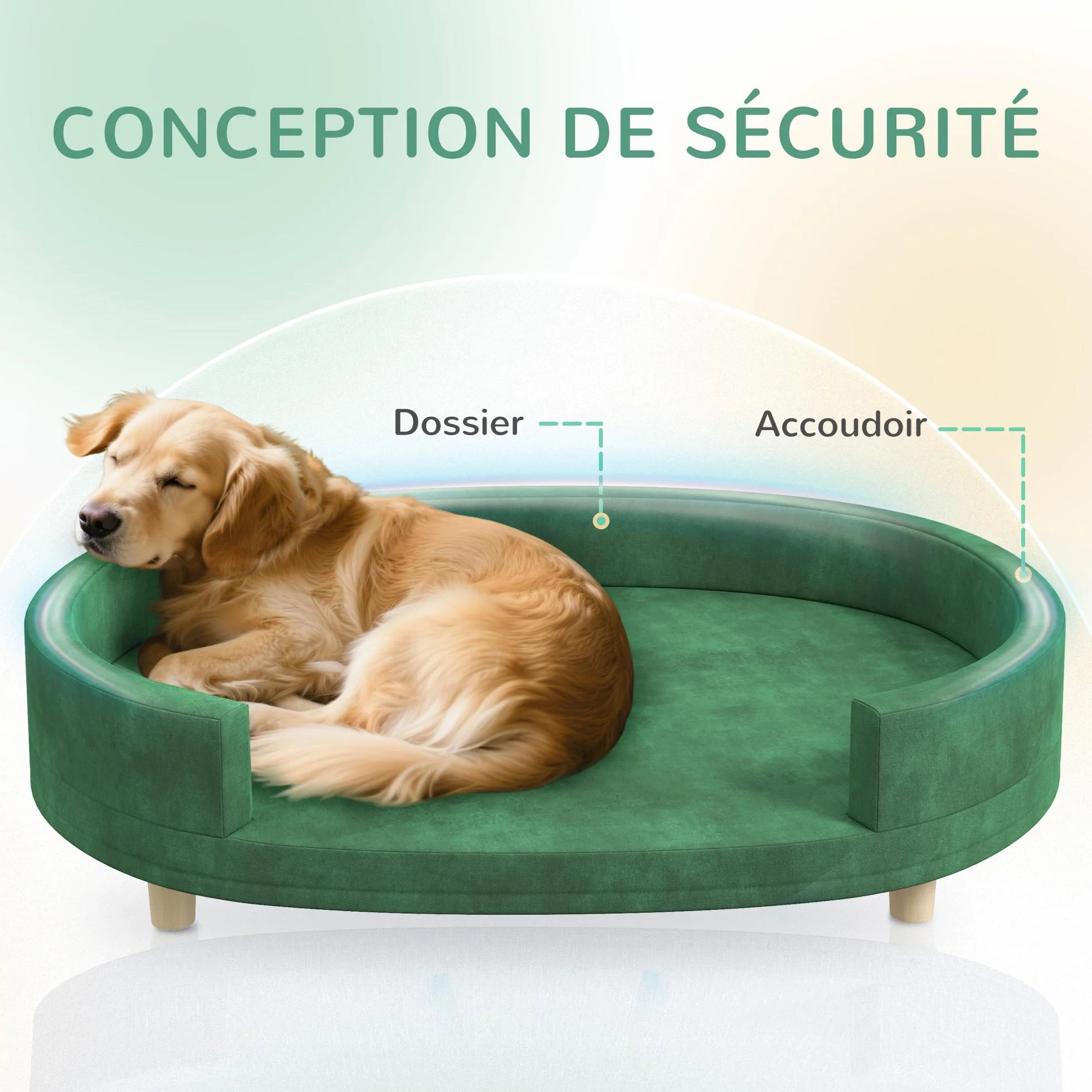 PawHut Canapé pour Chien avec Coussin Amovible, Velours Doux, Pieds Bois Massif, 100x70x25 cm, Vert