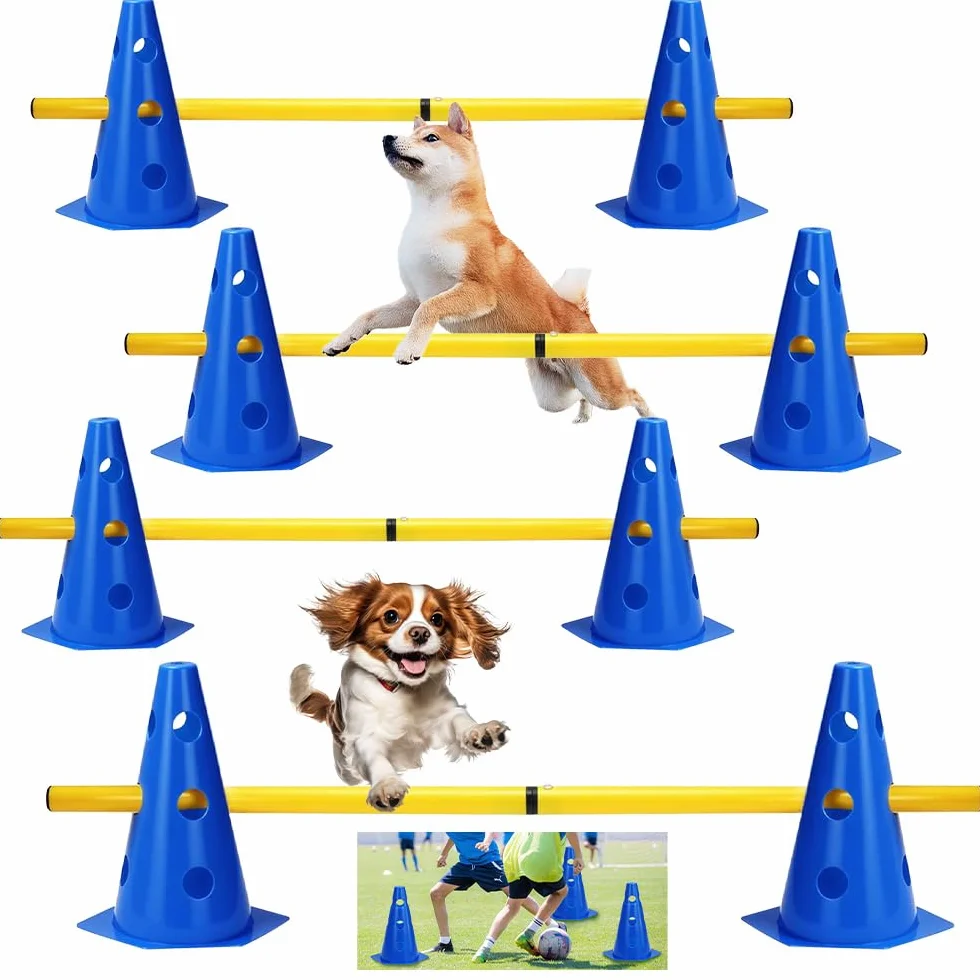 Agility Kit d'Obstacles pour Chiens et Enfants, Ensemble de Barrières Enfichables, 8 Cônes 23 cm + 4 Barres 81 cm