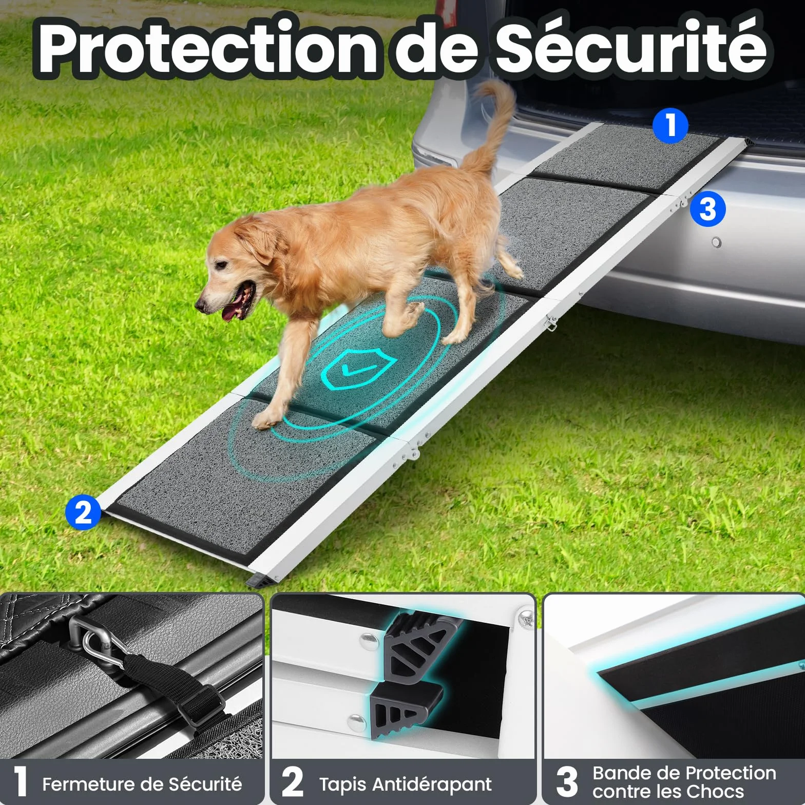Rampe de Voiture Pliable pour Chien 170 x 44cm, Rampe Portable d'Accès Chien avec Surface Antidérapante, Cadre en Aluminium, Dog Ramp pour Camion Lit Voiture SUV, Légère et Facile à Ranger