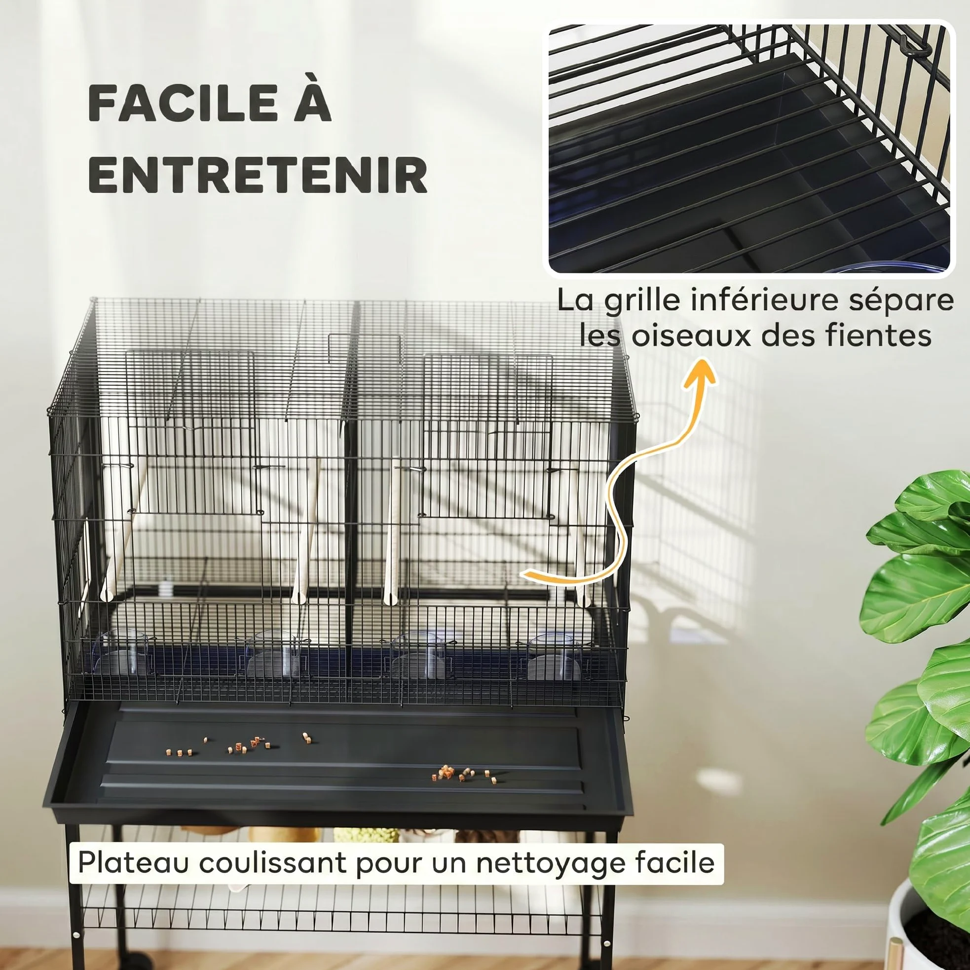 PawHut Cage à Oiseaux Volière Acier Séparateur Perruches 76x46x116cm Noir | Intérieur, 4 Perchoirs, Plateau Coulissant, 4 Mangeoires, Support avec Étagère et roulettes, Canaris, Pinsons
