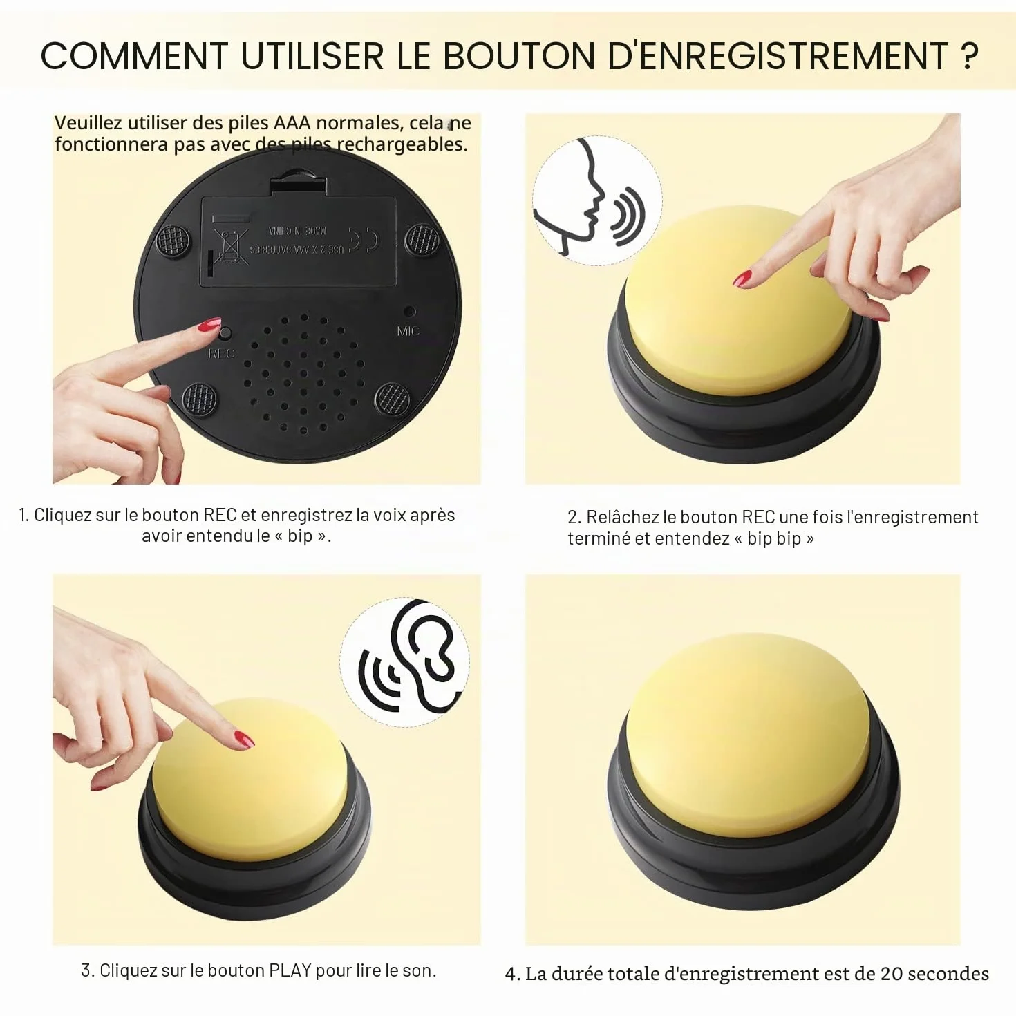 Lot de 6 boutons d'enregistrement vocal, boutons pour chien pour la communication et le dressage des animaux de compagnie, enregistrement et lecture de 30 secondes, bureau, maison