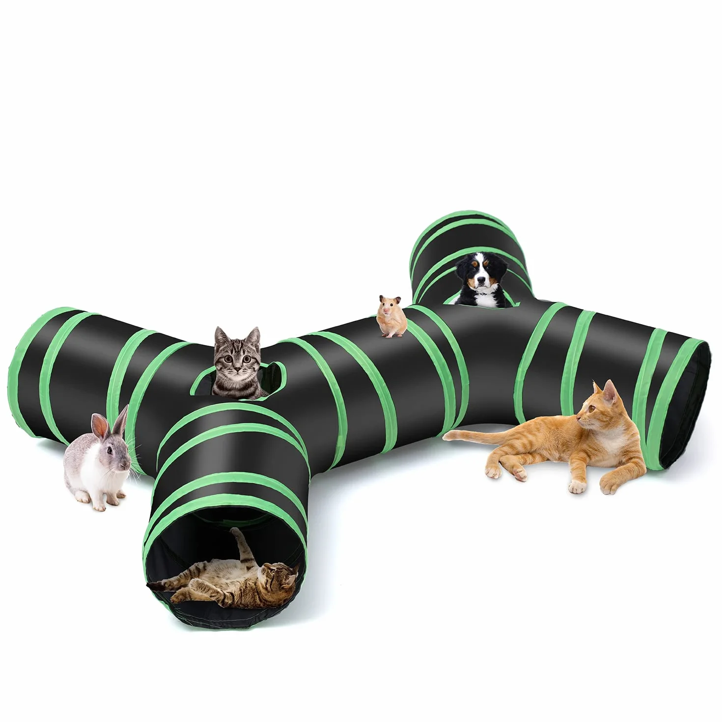 Tunnel de chat de type osseux amélioré, Tube de tunnel de jeu pliable à 4 voies pour chat avec sac de rangement pour chats, chiots, lapins, furets, cochons d'Inde, utilisation intérieure et extérieure