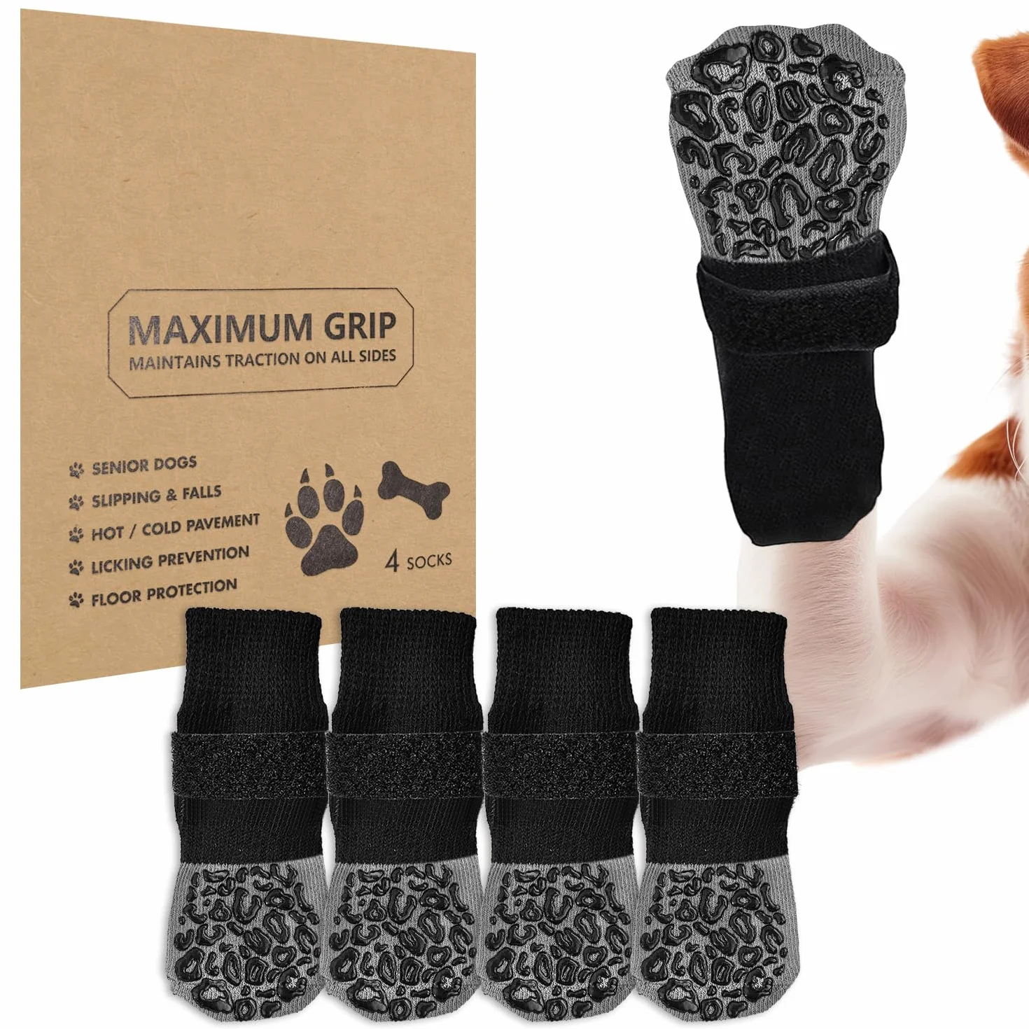 Chaussettes antidérapantes pour Chiens Protection des Pattes Grip supplémentaire Lécher Glisser Motif Léopard Taille L