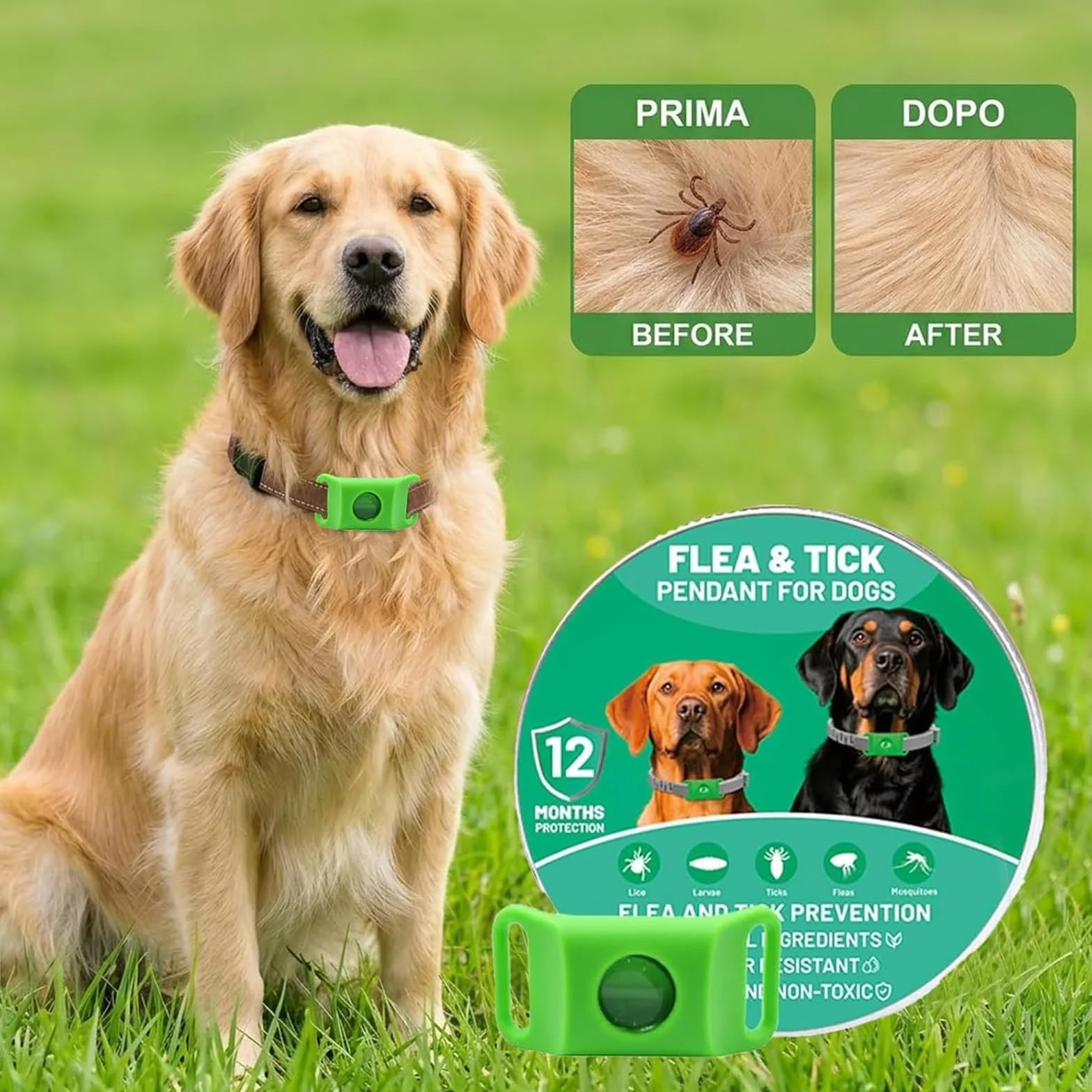 Collier Anti Puce et Tique Naturel pour Chien, Répulsif Huiles Essentielles 2 Capsules Remplaçables, Réglable Compatible AirTag Vert