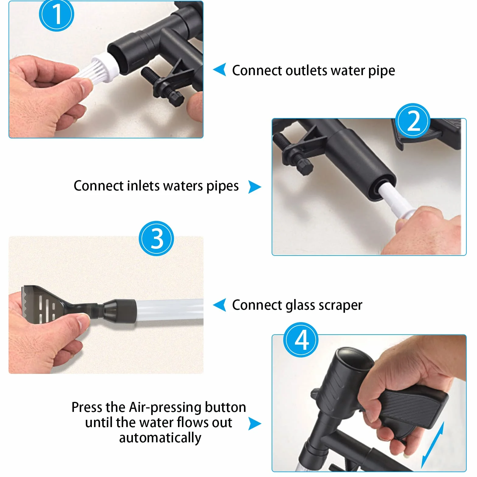 Aspirateur de Boues d'Aquarium, 5 in 1 Kit de Nettoyage de Gravier d'Aquarium, Nettoyeur de Gravier Changement d'eau Filtre Rapide Aquarium Changeur l'eau avec Bouton Pression d'air Grattoir en Verre