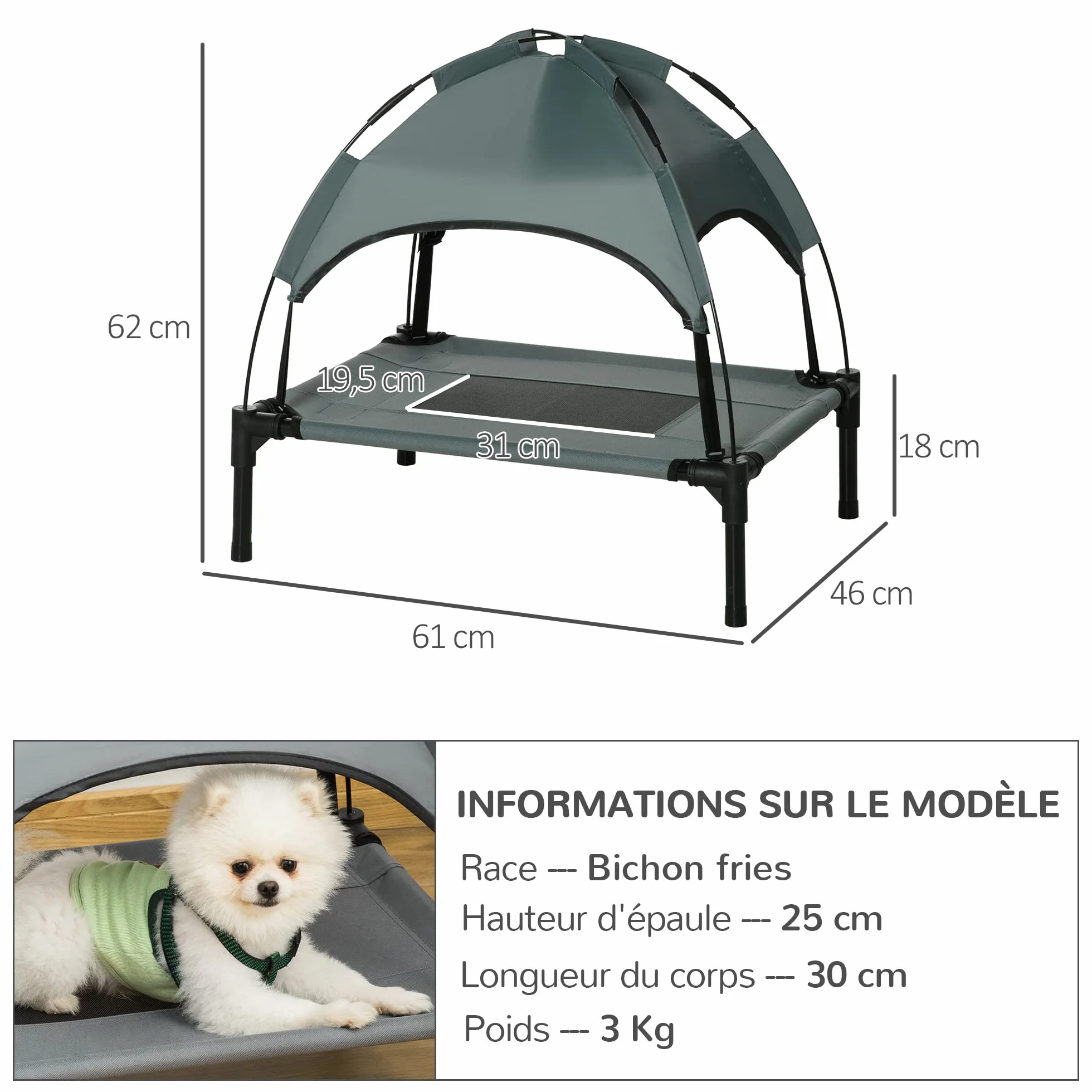 PawHut Lit Chien Surélevé avec Parasol 161x46x61 cm Gris Noir Anti-UV Oxford Respirant