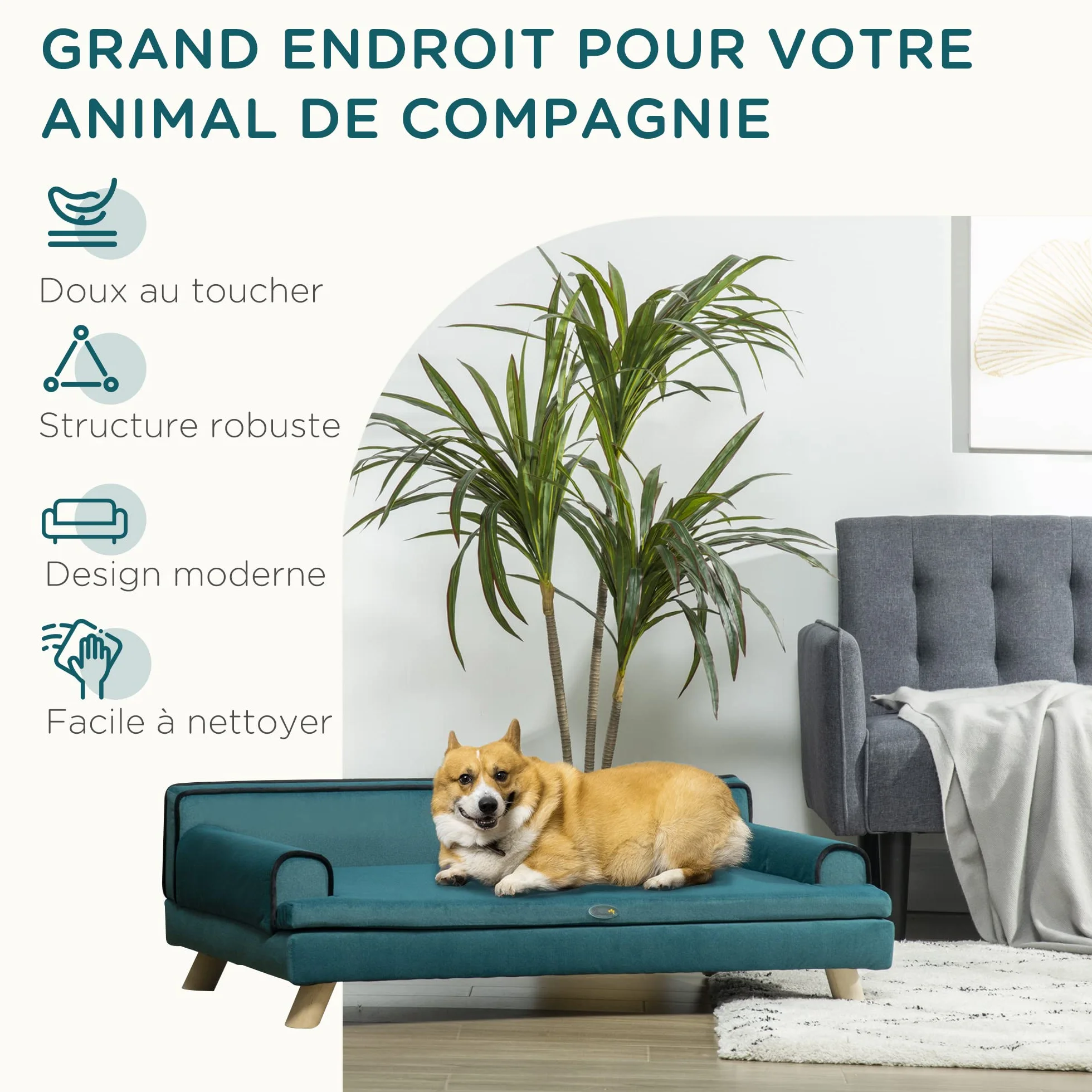 PawHut Canapé pour Chien Chat Design scandinave 100 x 62 x 32 cm Bleu Canard