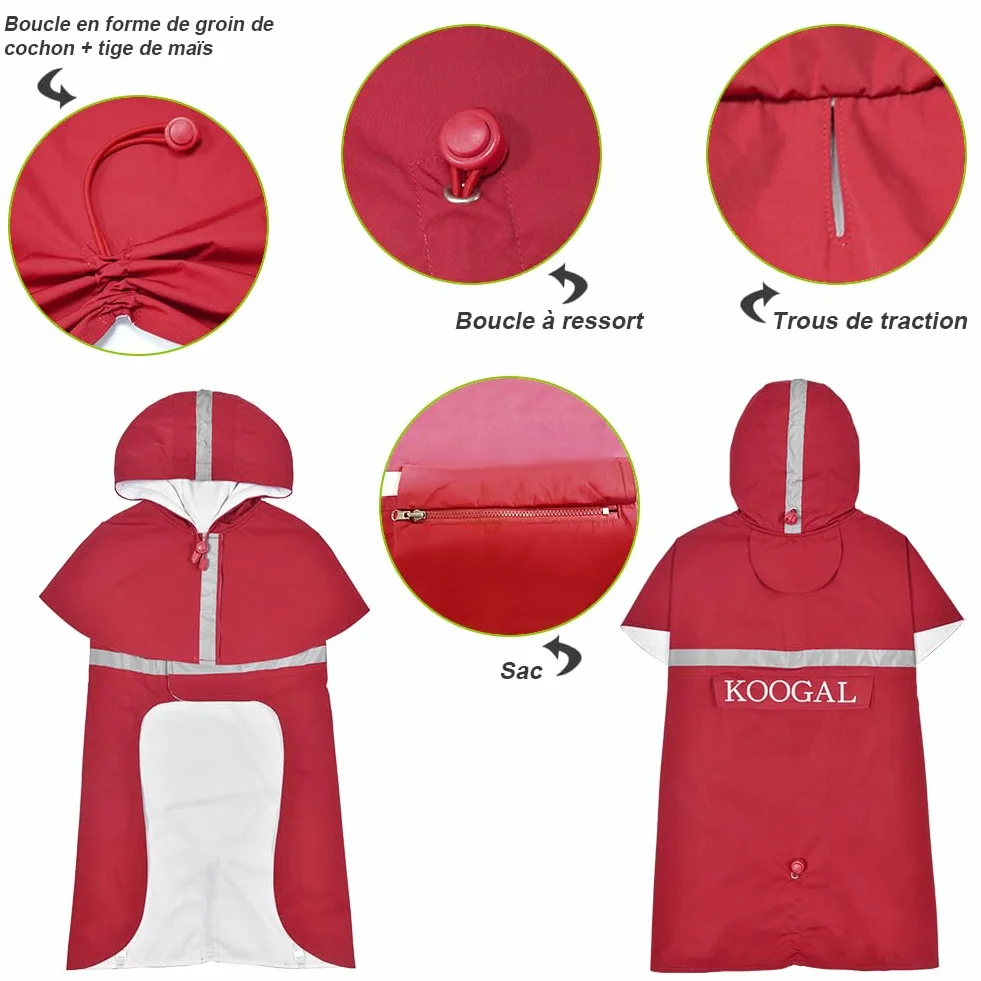 Imperméable Chien avec Capuchon Imperméable Manteau Chien Ultraléger Aéré Bandes Réfléchissantes Taille 4XL Rouge