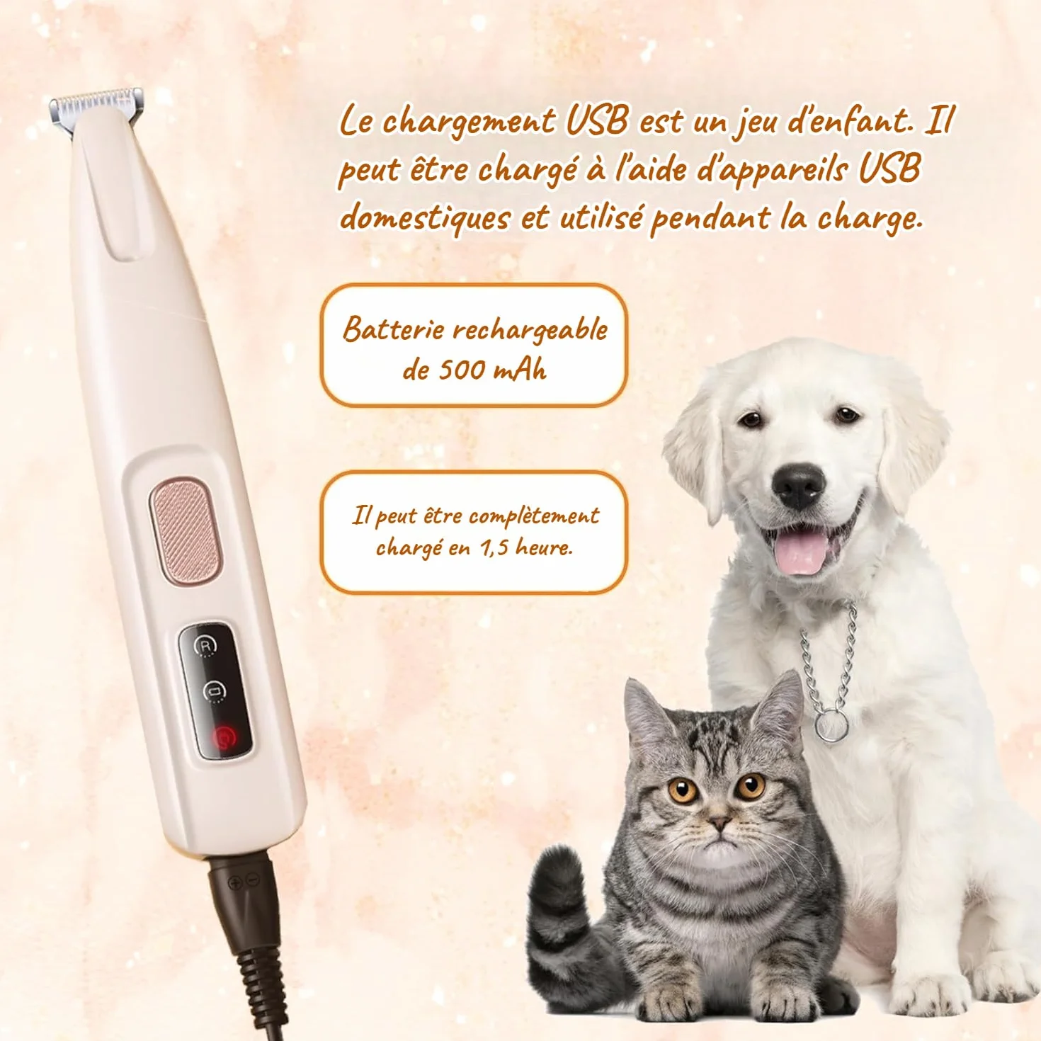 Tondeuse De Toilettage GrosMatou pour Chat Silencieuse avec Lumière LED Étanche