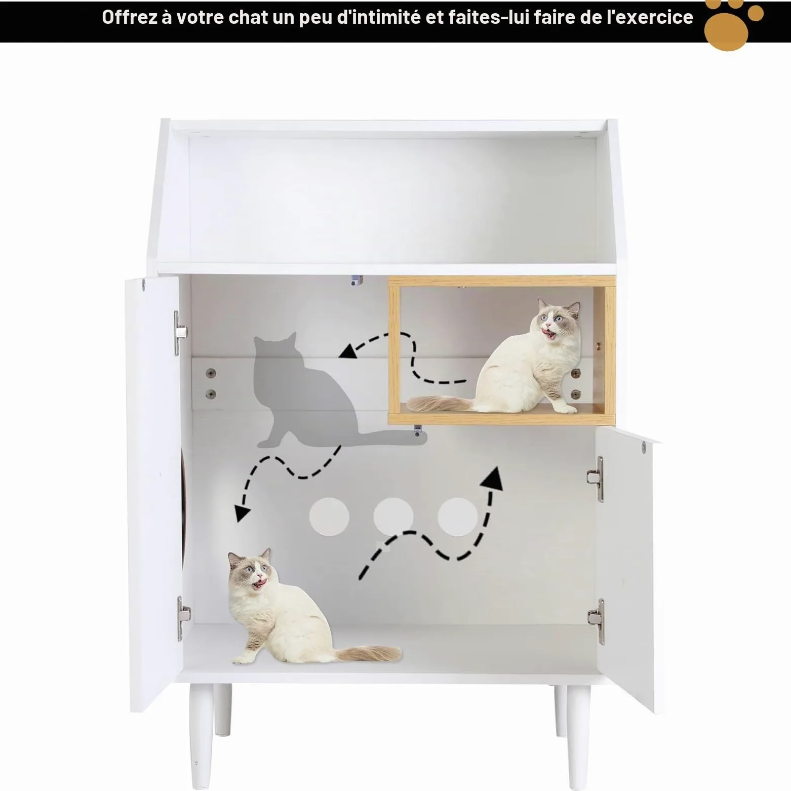 SDHYL Enceintes de bac à Litière Chat Meuble Cachée Armoire de Rangement Salon pour Chat 63 x 42.5 x 92cm Maison pour Chats d'intérieur avec 2 Trous, Ouvert en Haut