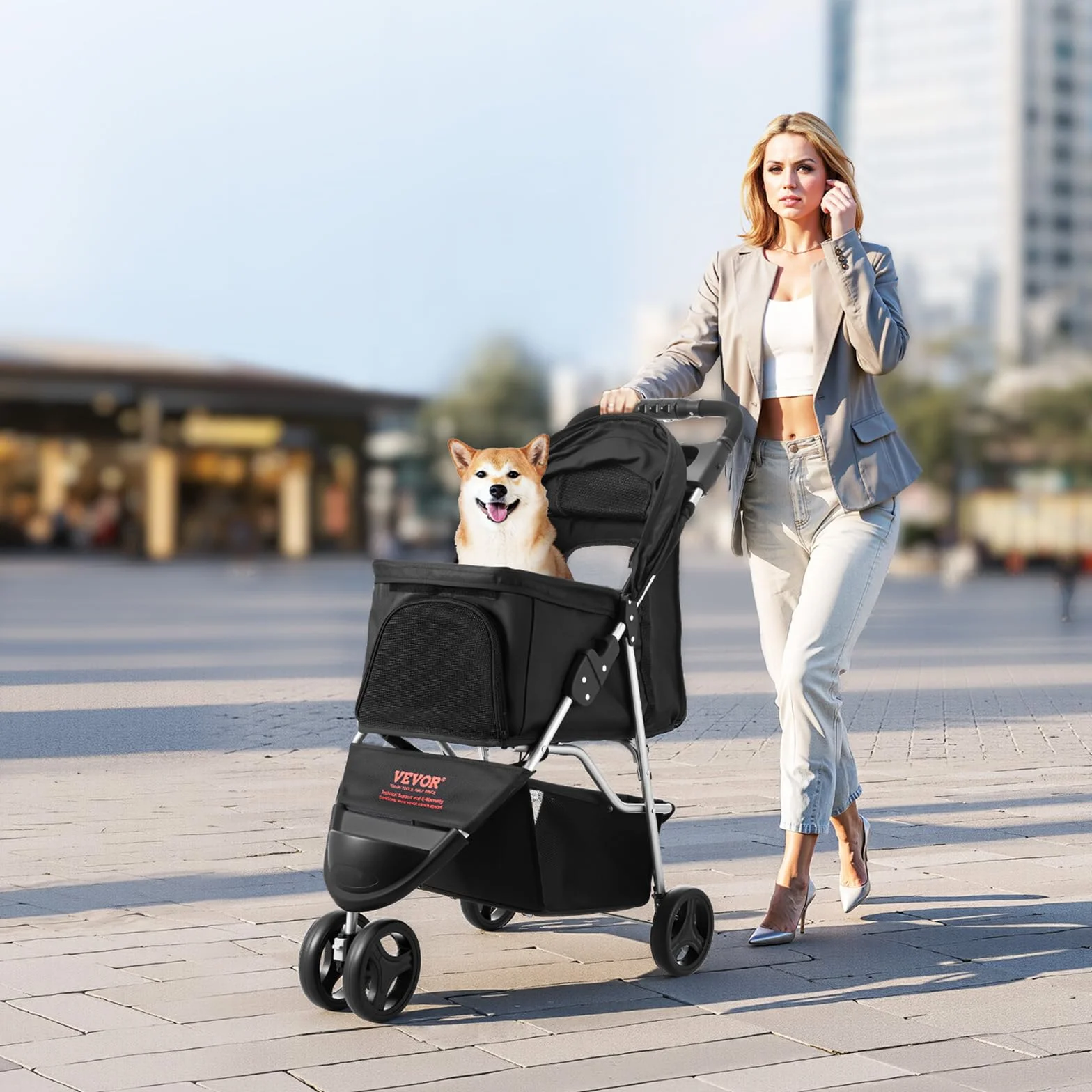 VEVOR Poussette pour Chien Animaux de Compagnie Pliable, Capacité 16 kg, 3 Roues Freins Arrière, Fenêtres Maille, Porte-gobelets