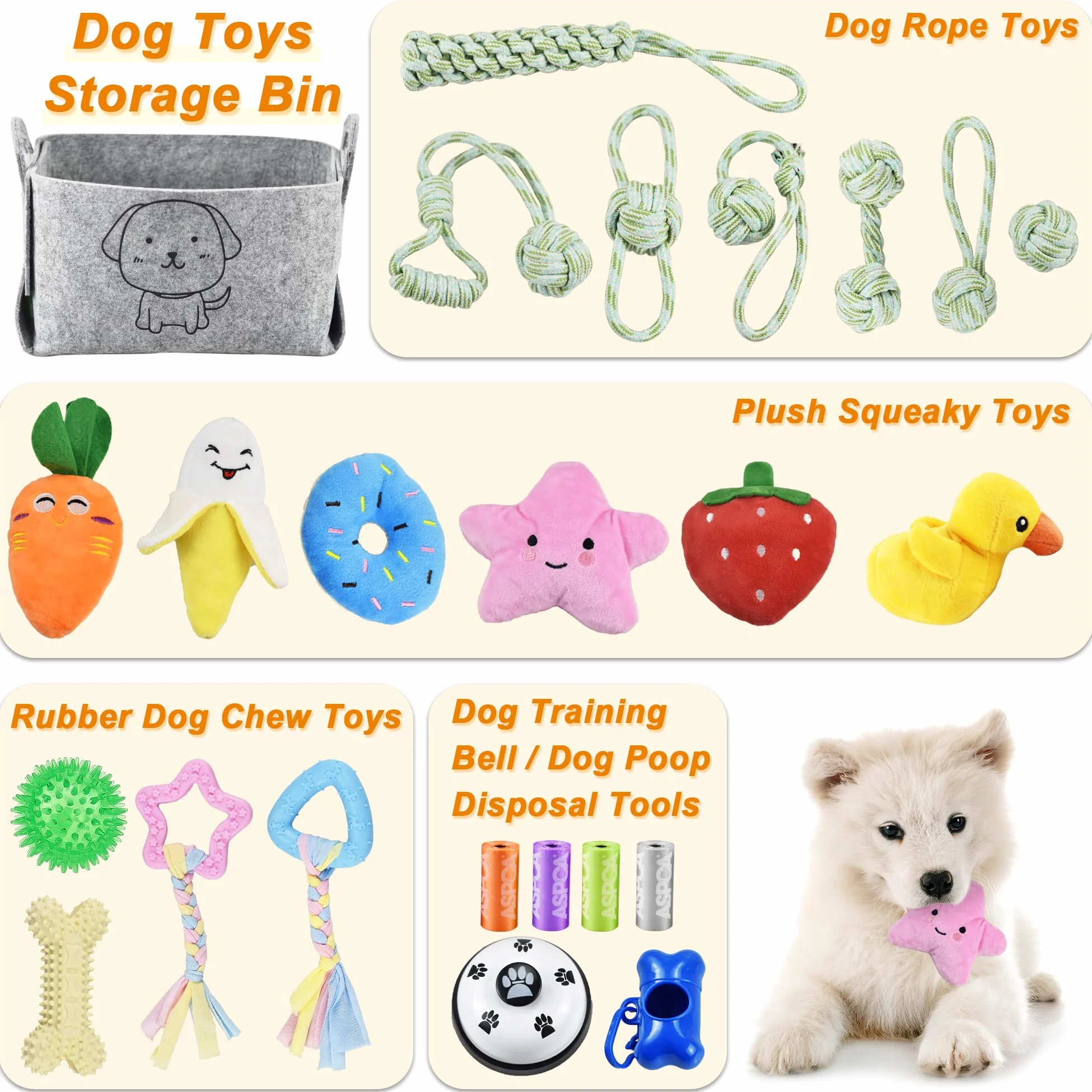 LECHONG Lot de 24 Jouets à mâcher pour Chiot, Jouets de Dentition pour Chien avec bac de Rangement, Jouets en Corde et Jouets couineurs pour l'ennui, Jouets interactifs pour Chiens de Petite et