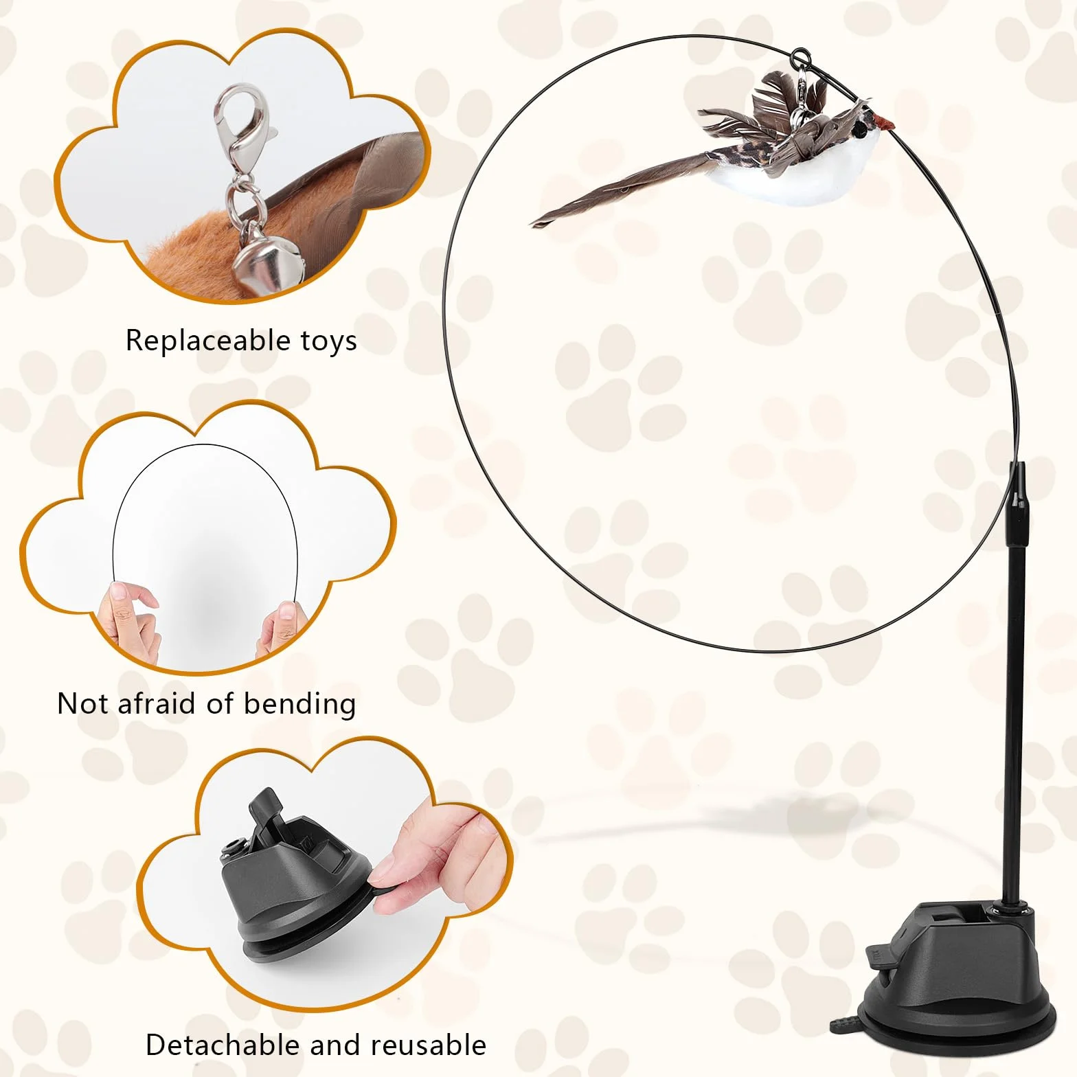 Jouet Chat Interactif 4 Pièces avec Ventouse, Canne à Pêche Chat avec 2 Oiseaux à Clochettes