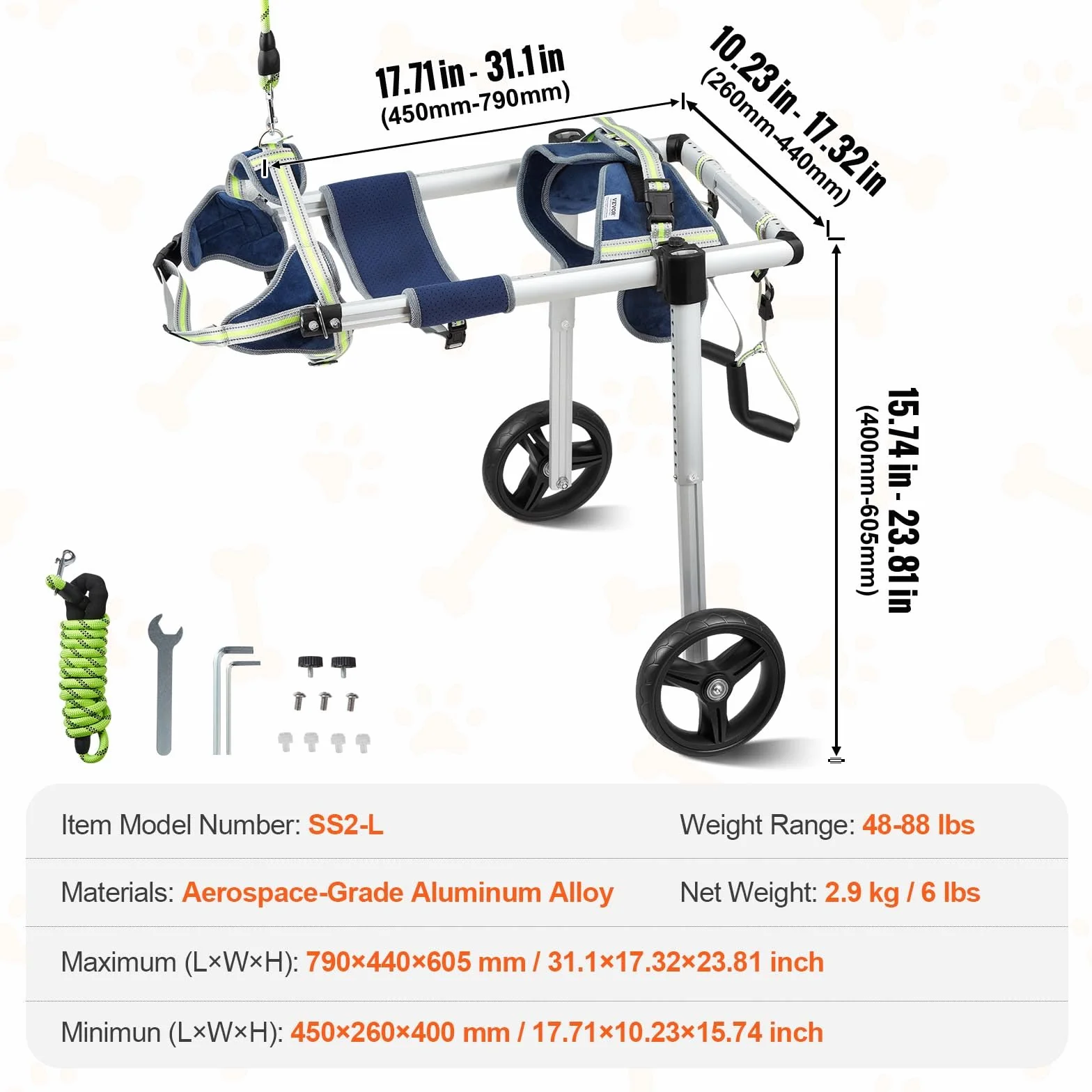 VEVOR Fauteuil roulant pour chien 2 roues arrières, fauteuil roulant animaux réglable pour guérison membres postérieurs