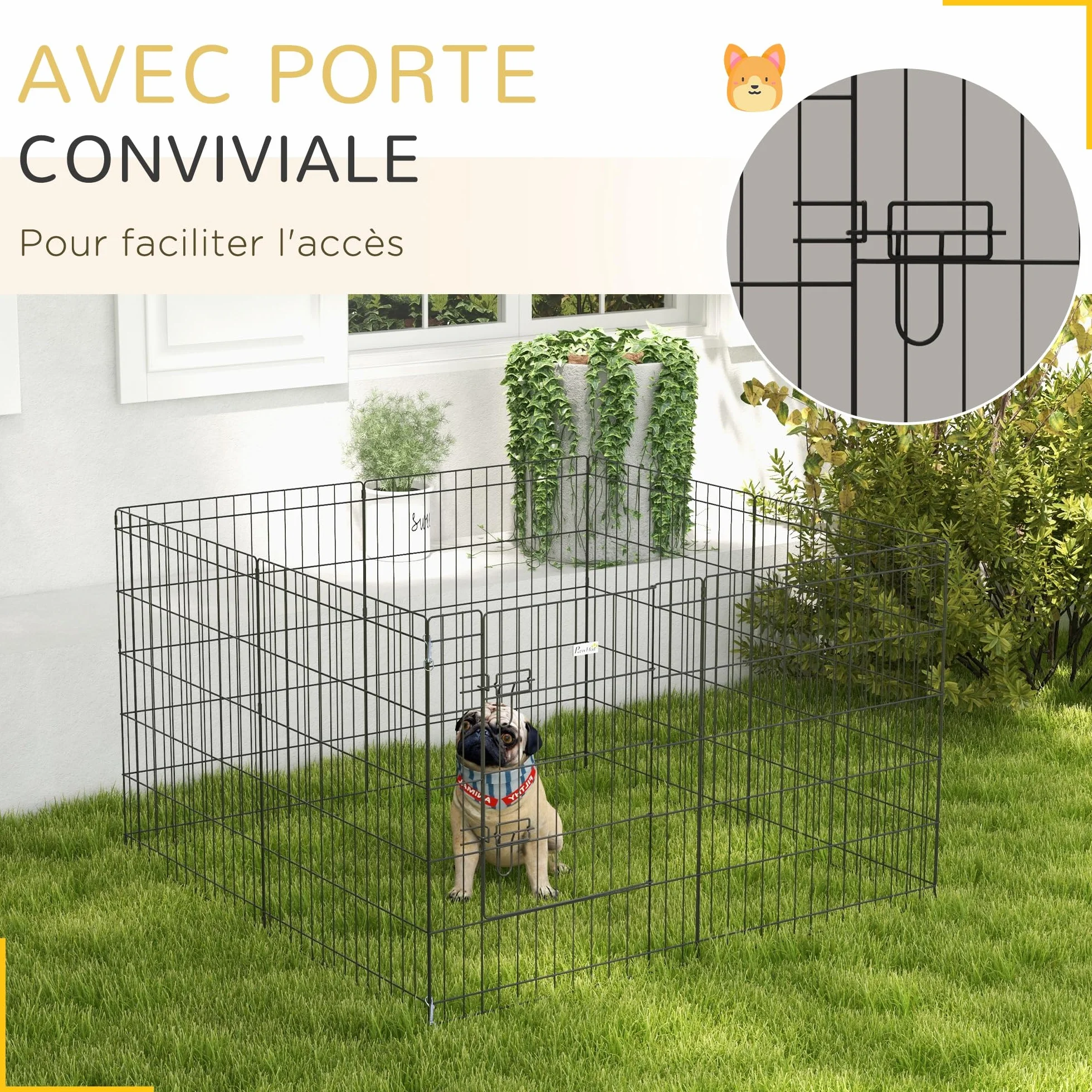 PawHut Parc enclos modulable pour Chiens Lapins rongeurs clôture Petits Animaux intérieur extérieur Pliant 1 Porte verrouillable 8 Panneaux Fil métal 61 x 76 cm Noir