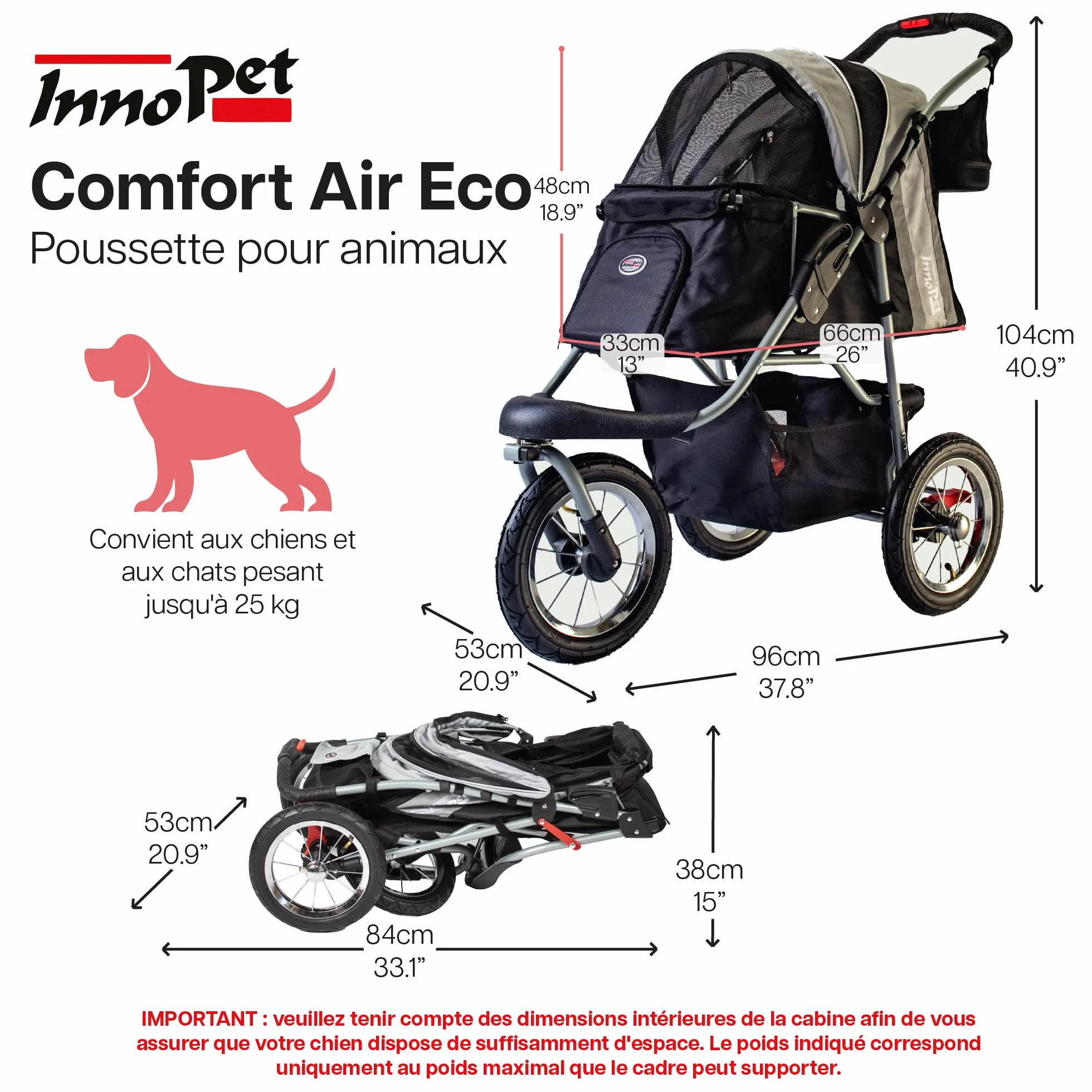 Poussette Innopet Comfort Air Eco pour chiens et chats, noir/argent - 12 pouces pneus pneumatiques - Pliable une main - Organiseur - Tissu nylon recyclé