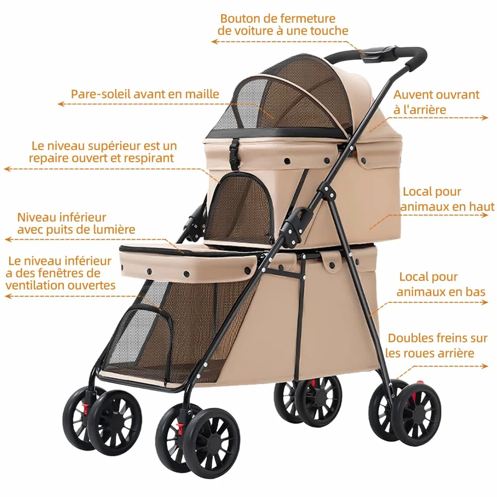 Poussette pour Chien Double Couche Pliable 50x67x95 cm avec Freins et Ventilation Marron