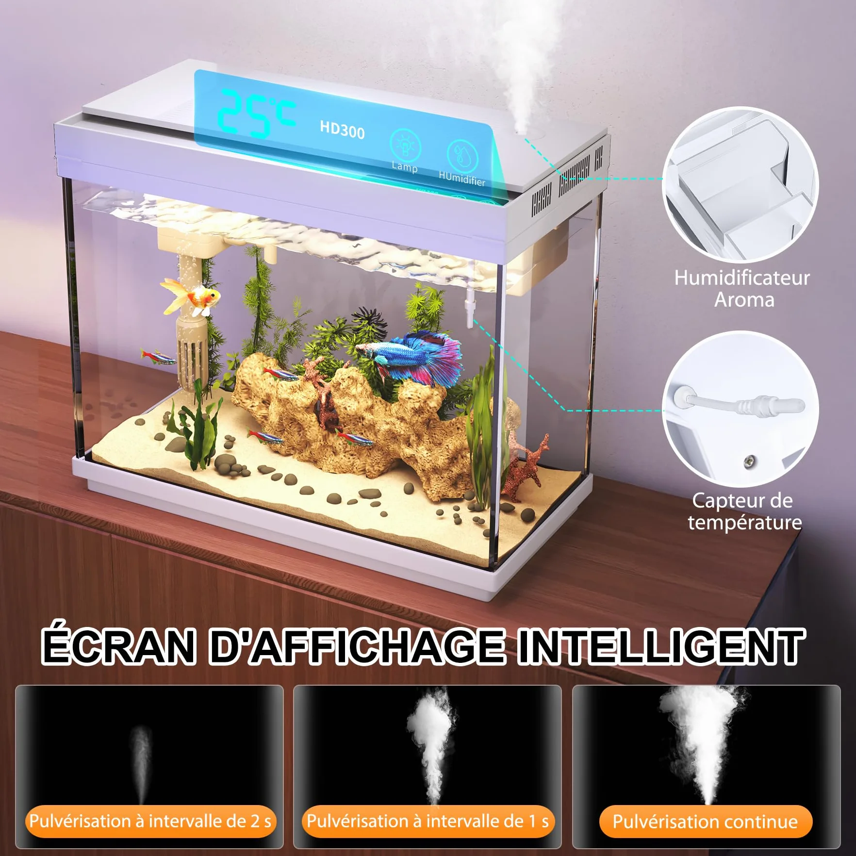 Aquarium 9L avec Humidificateur Intelligent 3 en 1, Affichage Température, Éclairage 7 Couleurs, Écran UHD