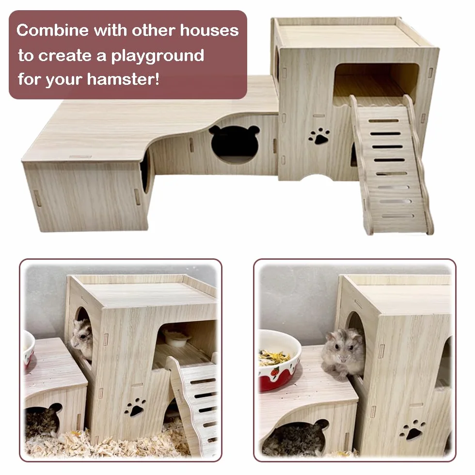 Maison Hamster, Maison en Bois pour Hamster Nains Hamster Syrien Rat Gerbille, 2 étages avec Échelle