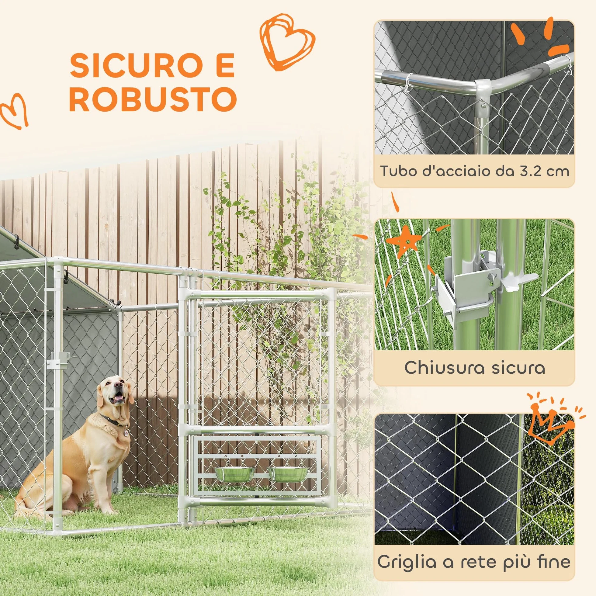 PawHut chenil clôture pour chiens extérieur avec toit anti-UV imperméable bols rotatifs boîte rangement porte verrouillage acier 400 cm