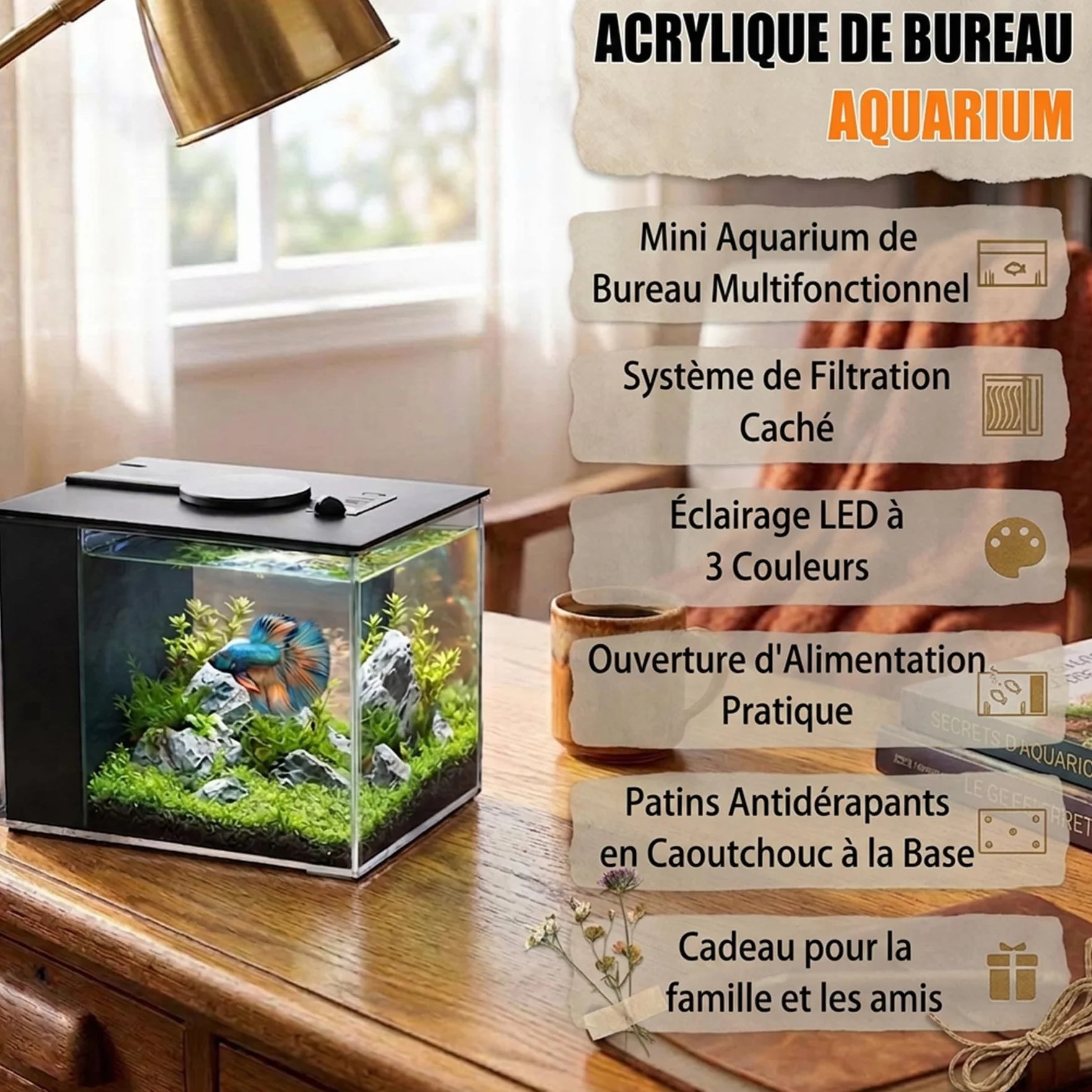 Petit Aquarium Complet 3,7L en Acrylique avec Pompe de Filtration et éclairage LED pour Betta, Crevettes, Plantes (Noir)