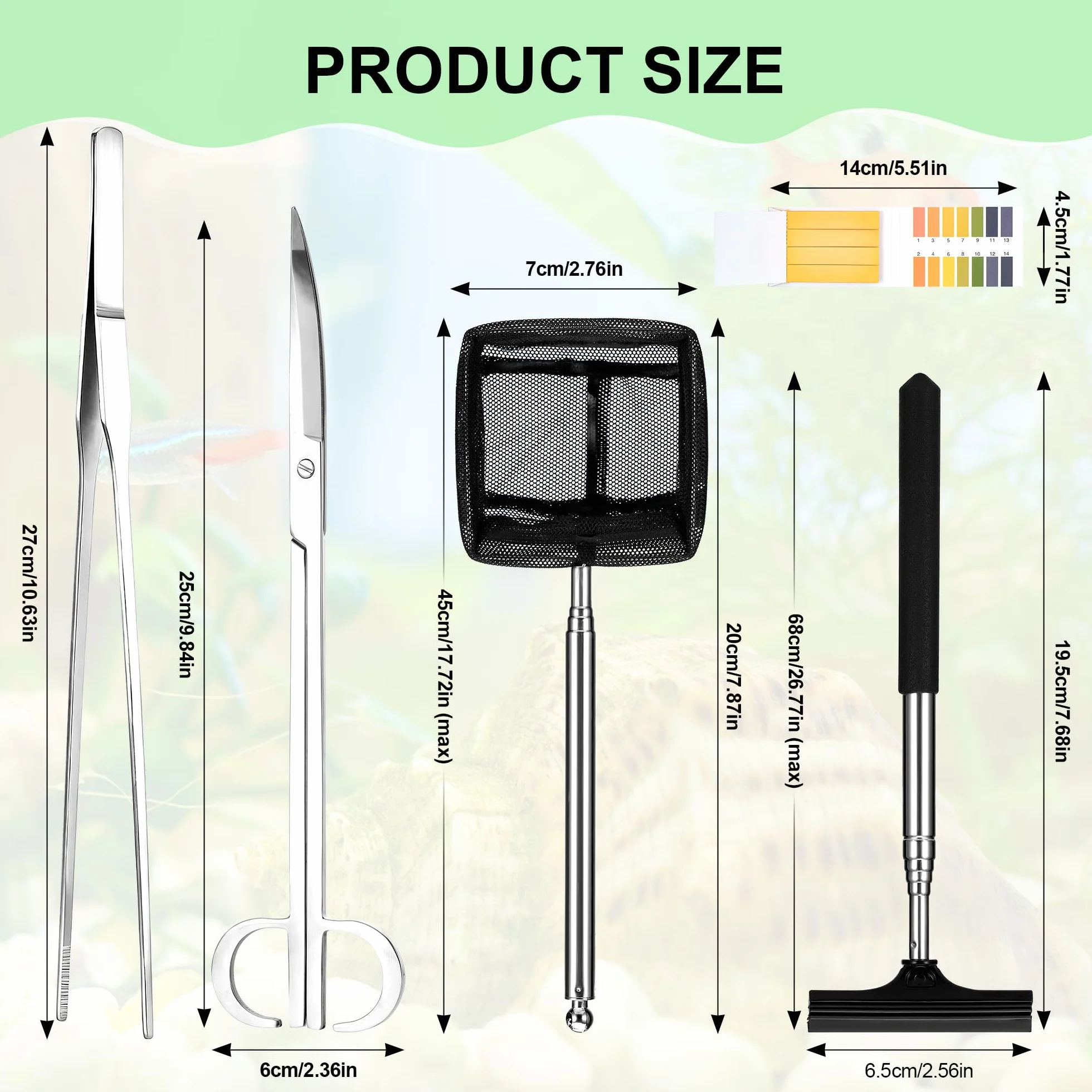 Kit Aquarium 6 en 1 Acier Inoxydable Pince Ciseau Épuisette Accessoires Aquarium Argenté
