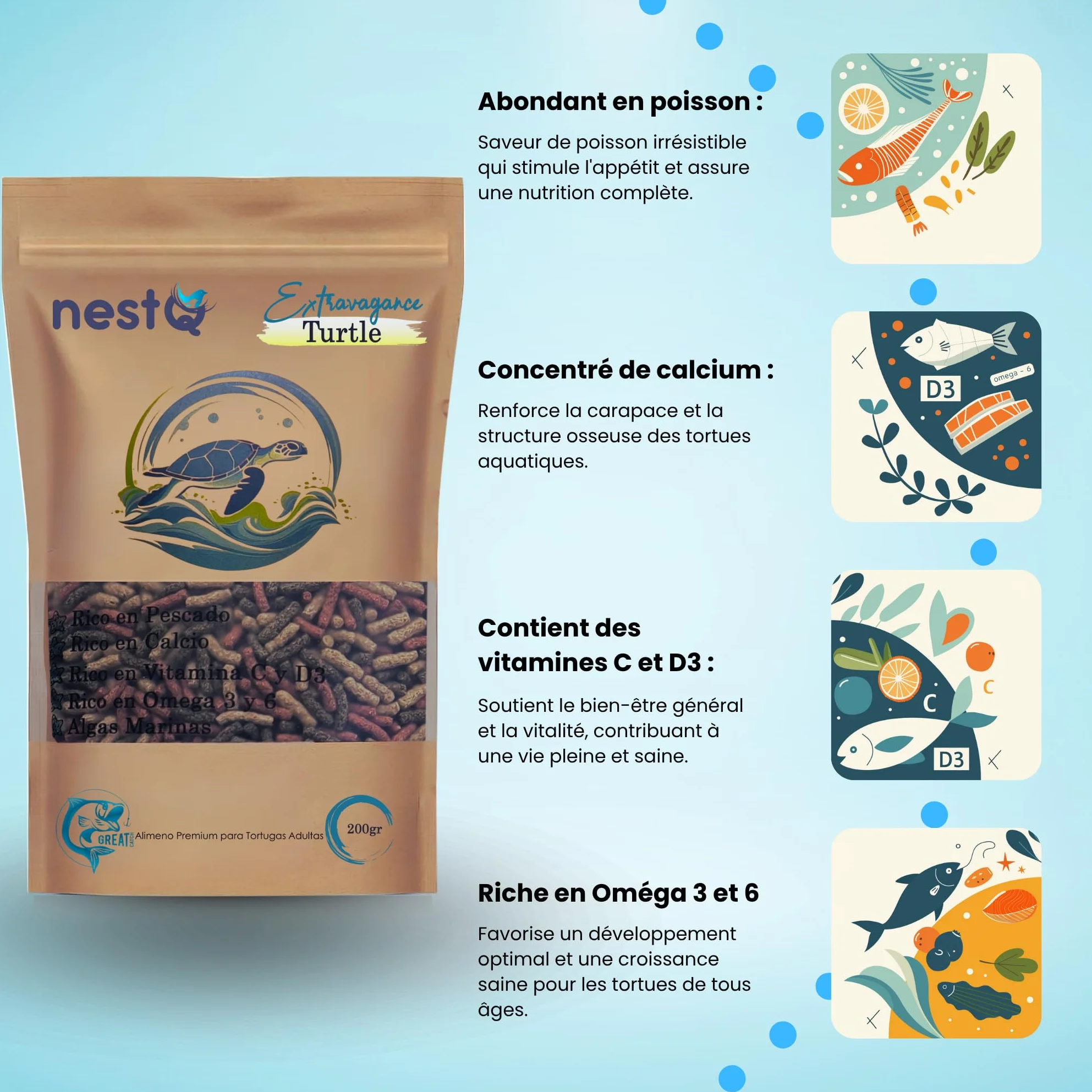 Granulés Flottants pour Tortues Aquatiques Alimentation Complète Riche en Calcium 200g